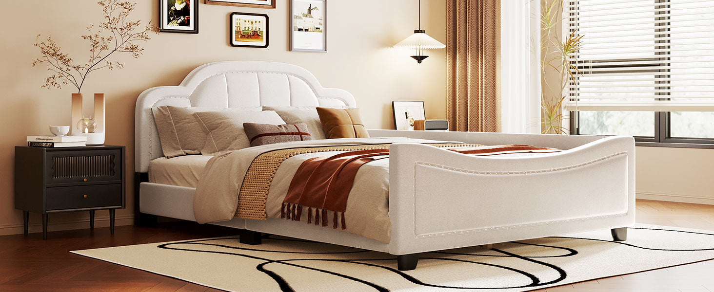 Full Size Upholstered Daybed with Cloud Shaped beige-velvet