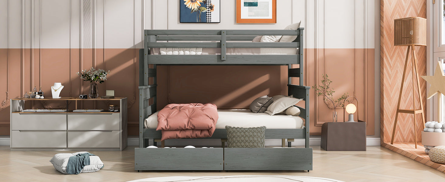 Wood Twin Over Full Bunk Bed With 2 Drawers, Gray Box Spring Not Required Gray Wood Bedroom Bunk Solid Wood Mdf