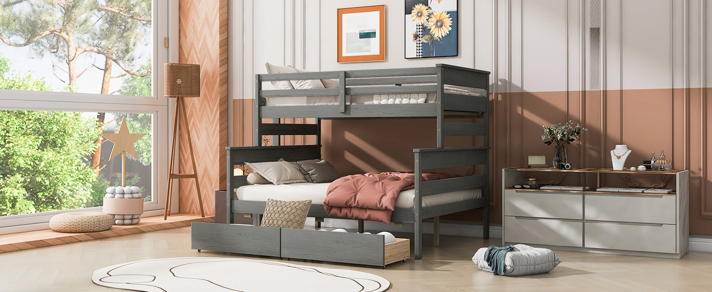 Wood Twin Over Full Bunk Bed With 2 Drawers, Gray Box Spring Not Required Gray Wood Bedroom Bunk Solid Wood Mdf