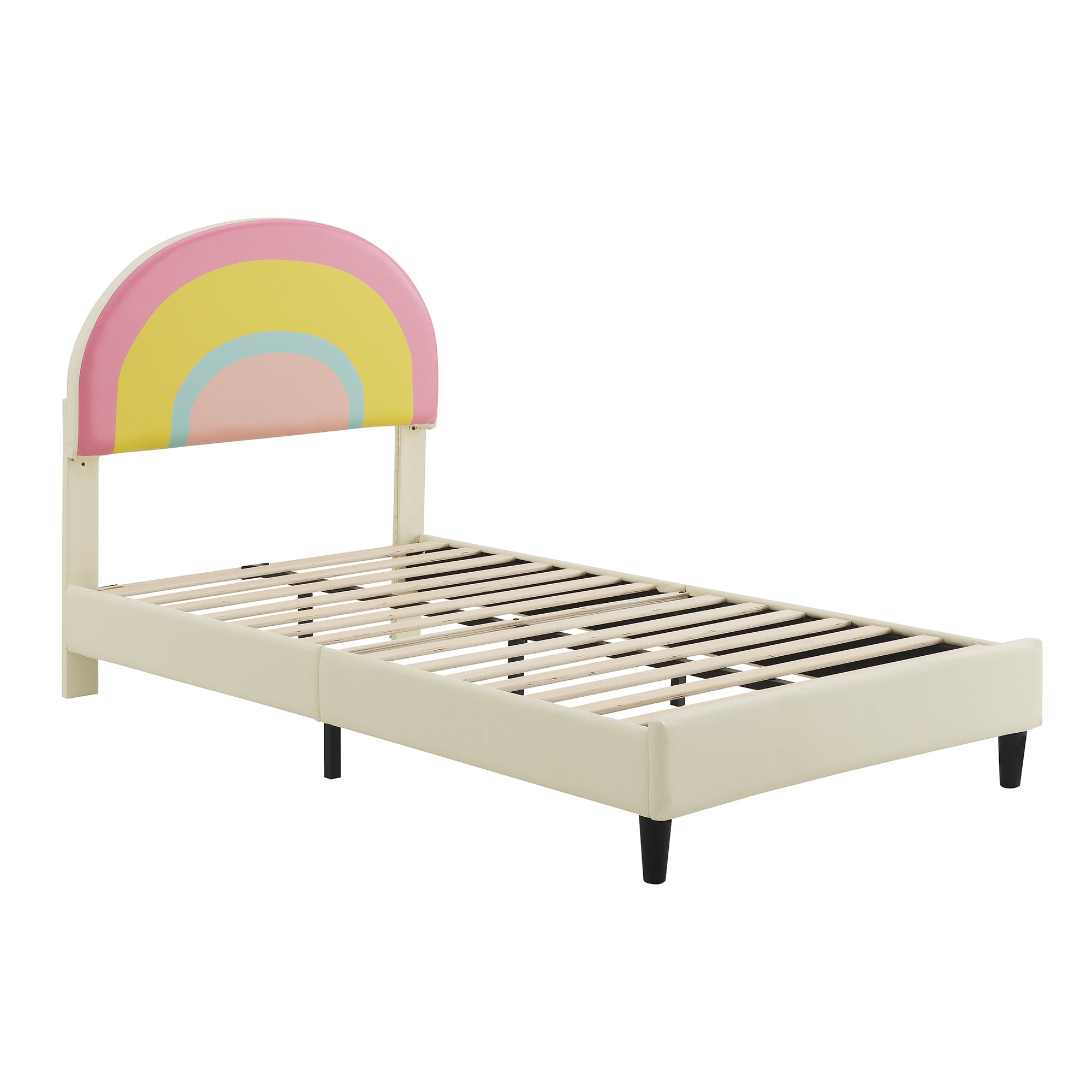 Twin Size Upholstered Platform Bed with Rainbow Shaped beige-upholstered