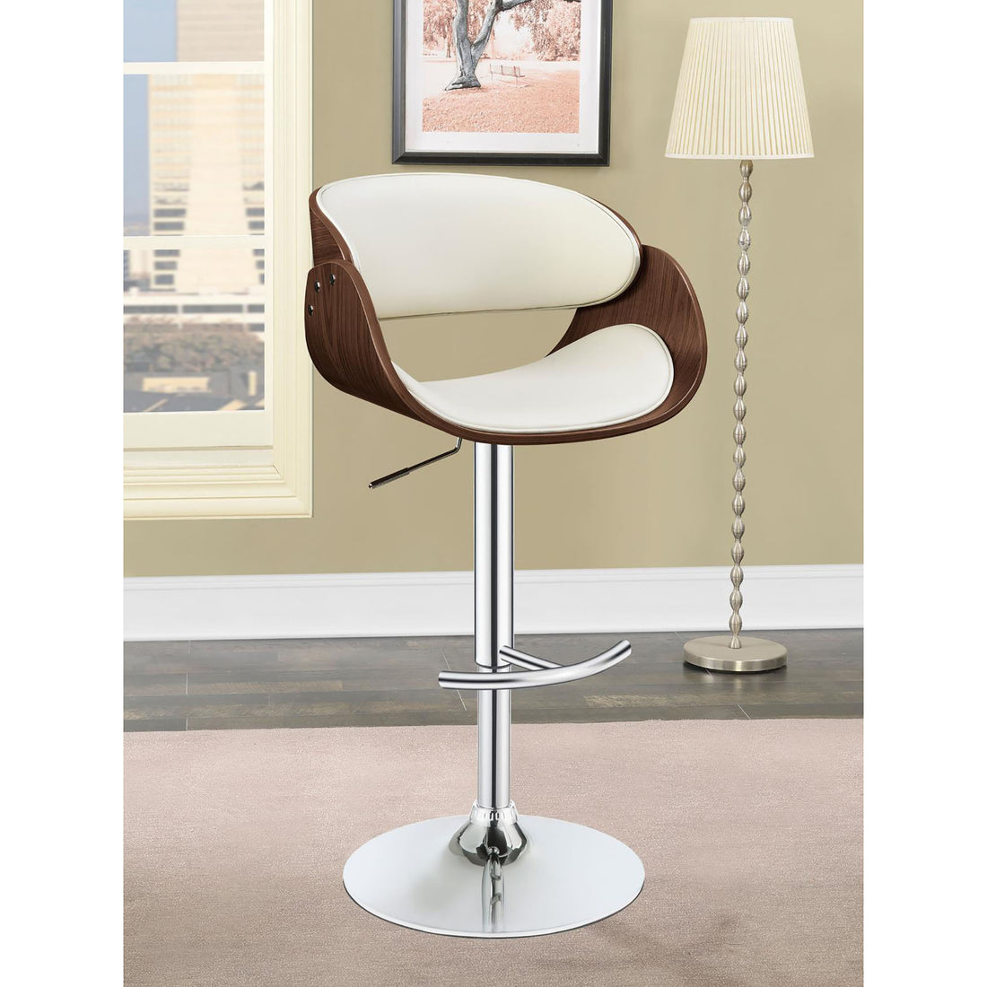 Ecru And Chrome Adjustable Bar Stool Solid Ivory Brown Dining Room Spot Clean Mid Century Modern Bar Stools Open Back Foam Wood