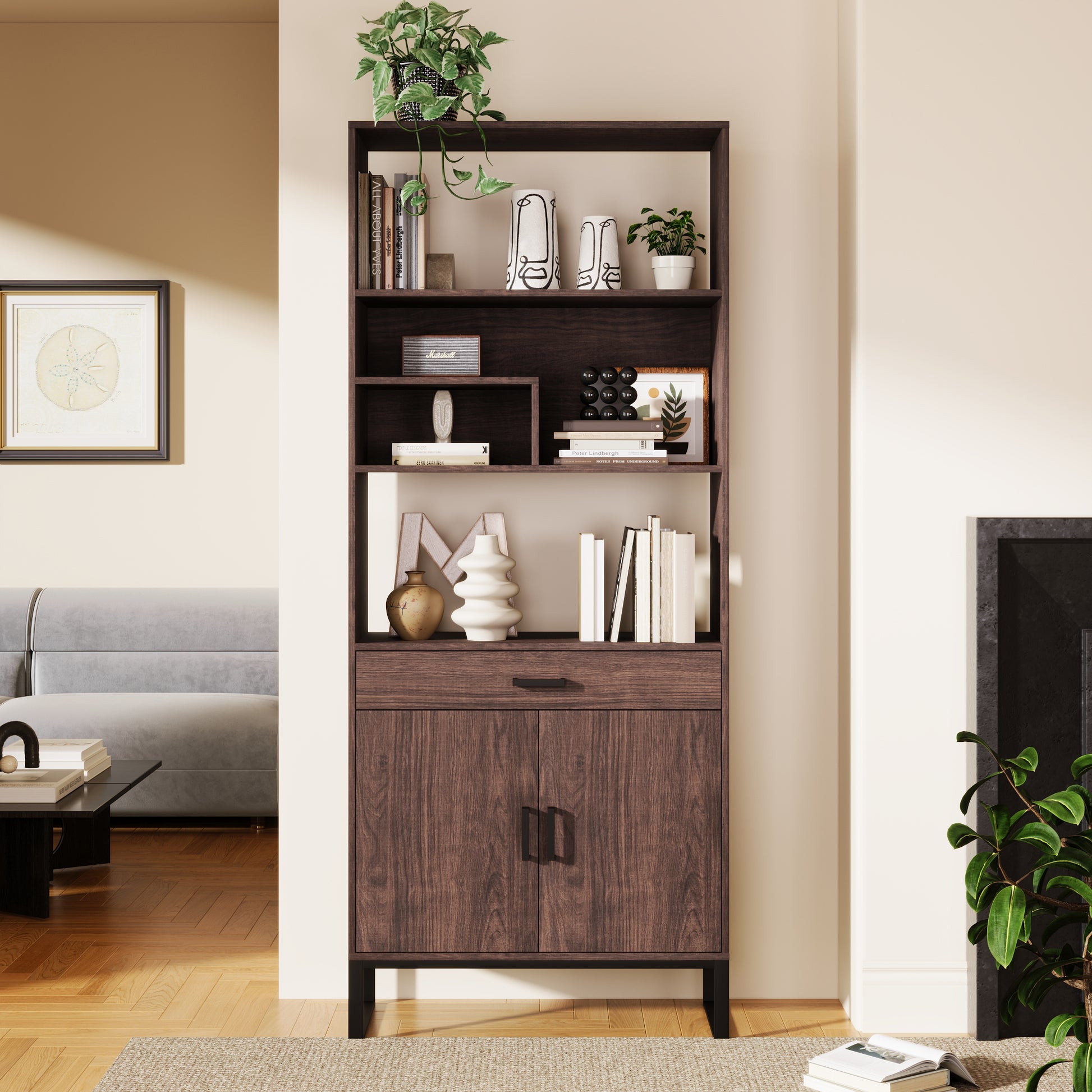 75.9"Modern Open Bookshelf With Doors, Bookcase With Storage Drawer And Led Strip Lights,Free Standing Display Rack,Wooden Tall Bookshelf For Living Room And Office, Walnut Walnut Mdf