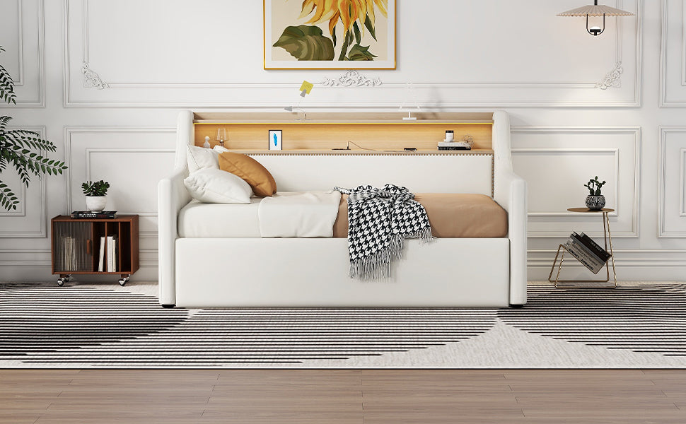 Twin Size Daybed With Hydraulic Storage, Upholstered Daybed With Lift Up Storage, Twin Leather Daybed With Charging Station And Led Lights,White Expect Arrival Date Feb.13Rd Twin White Pu Leather