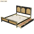 Queen Size Wood Storage Platform Bed With 2 Drawers, Rattan Headboard And Footboard, Black Box Spring Not Required Queen Black Wood Bedroom Bed Frame Wood Rattan
