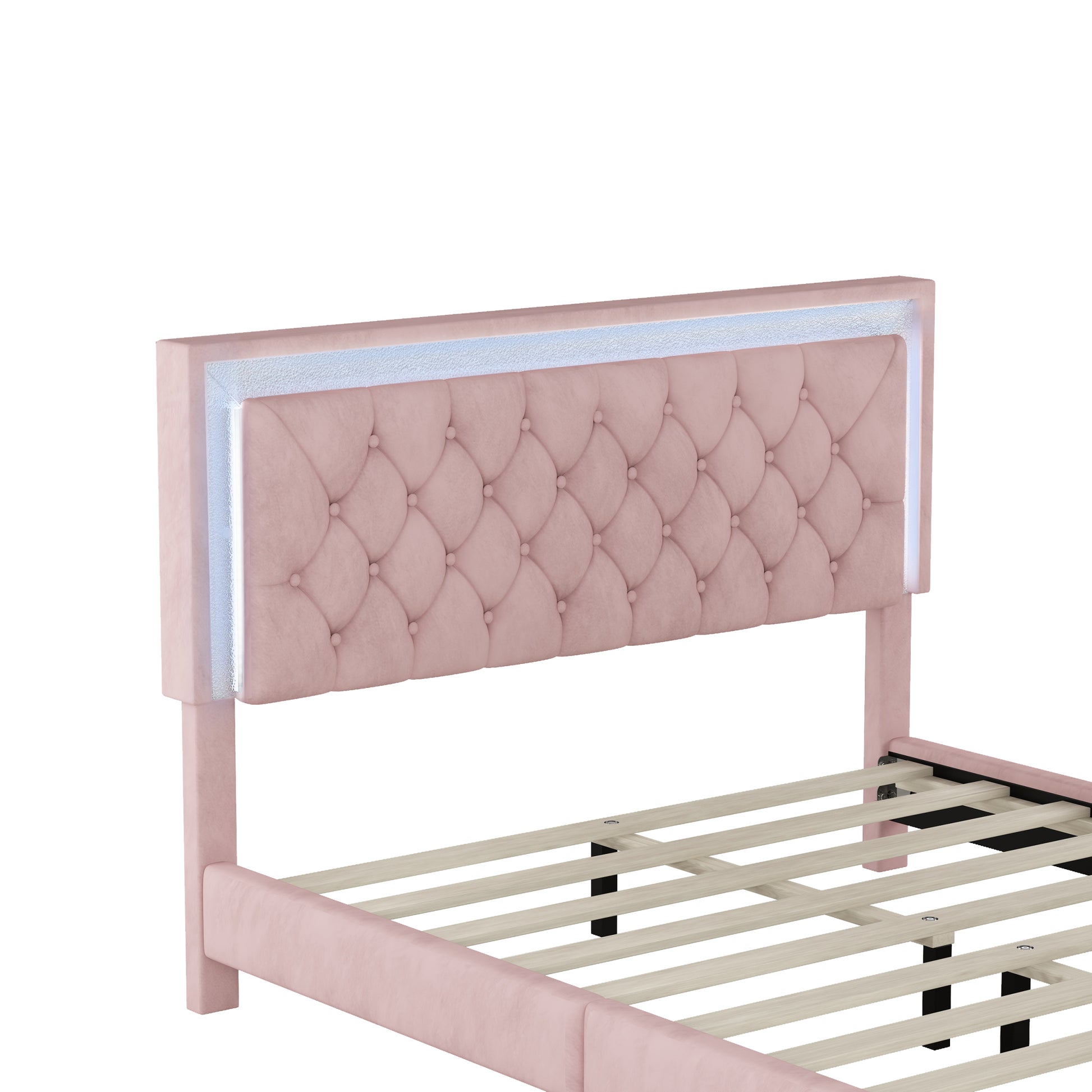 Queen Size Upholstered Bed Frame With Led Lights,Modern Velvet Platform Bed With Tufted Headboard,Pink Queen Pink Velvet