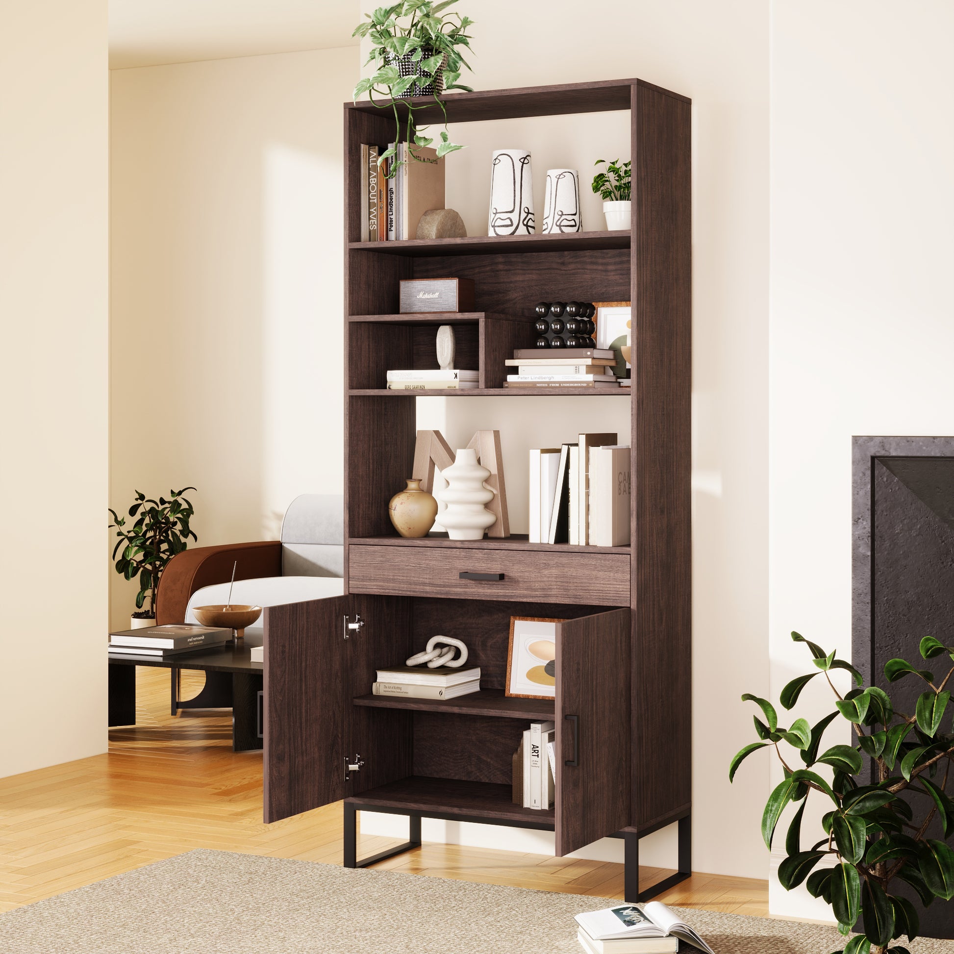 75.9"Modern Open Bookshelf With Doors, Bookcase With Storage Drawer And Led Strip Lights,Free Standing Display Rack,Wooden Tall Bookshelf For Living Room And Office, Walnut Walnut Mdf