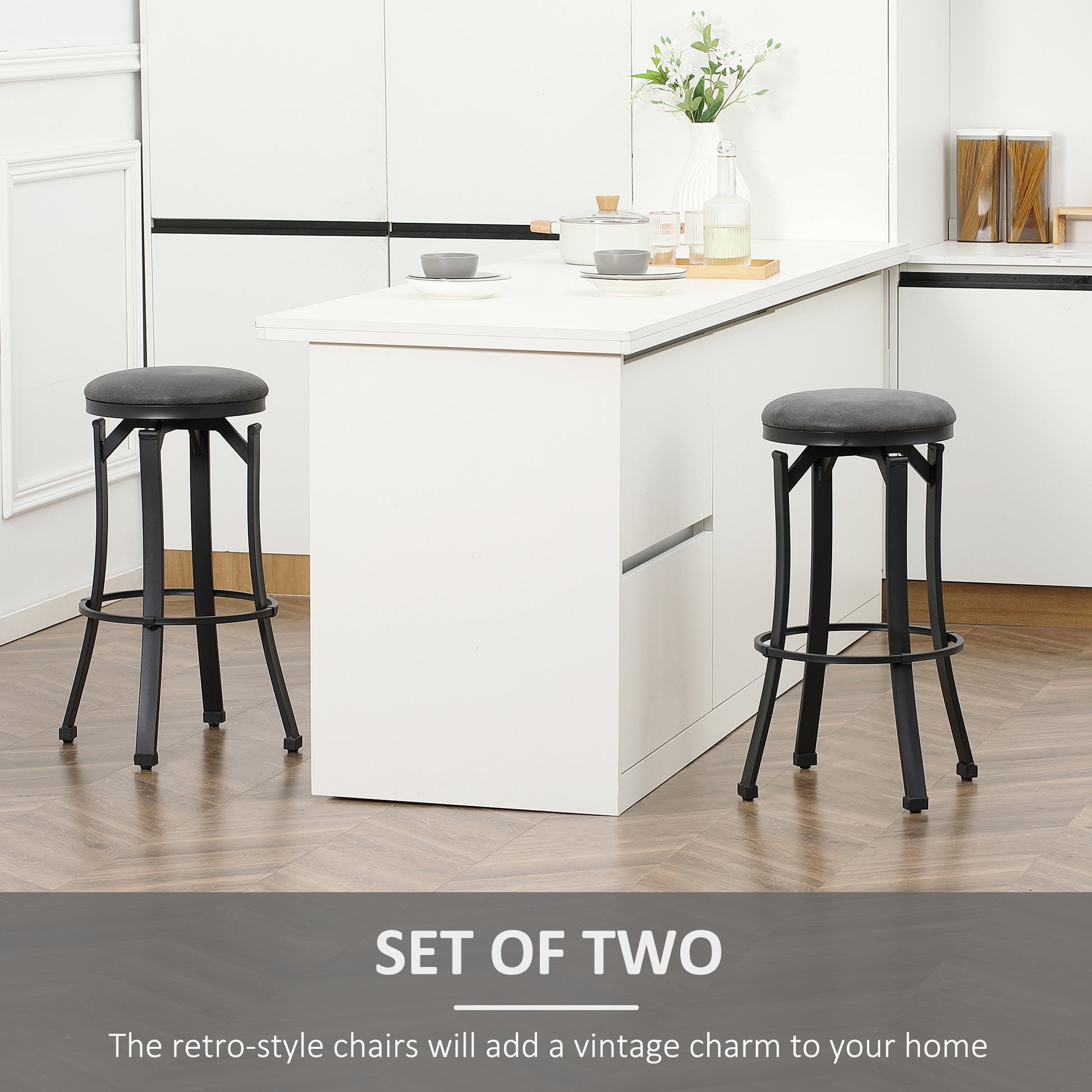 Bar Stools Set Of 2, Vintage Barstools With Footrest And Microfiber Cloth, 29 Inch Bar Height Stool With Powder Coated Steel Legs For Kitchen And Dining Room, Dark Grey Gray Microfiber