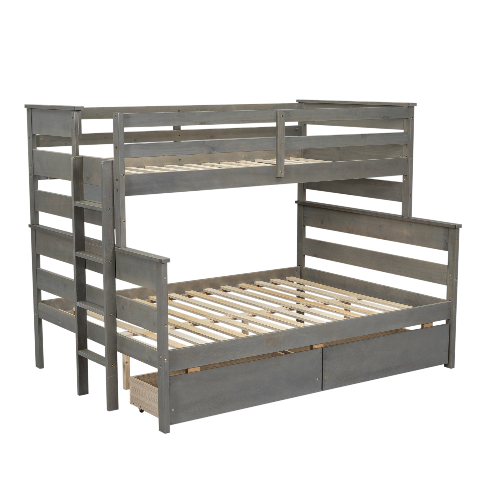 Wood Twin Over Full Bunk Bed With 2 Drawers, Gray Box Spring Not Required Gray Wood Bedroom Bunk Solid Wood Mdf