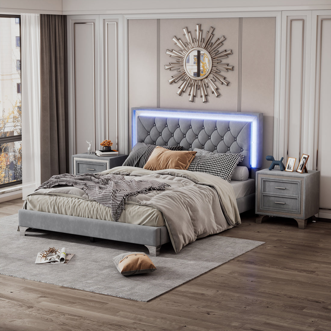 3 Pieces Bedroom Sets,Queen Size Upholstered Platform Bed With Led Lights And Two Nightstands Gray Gray Velvet