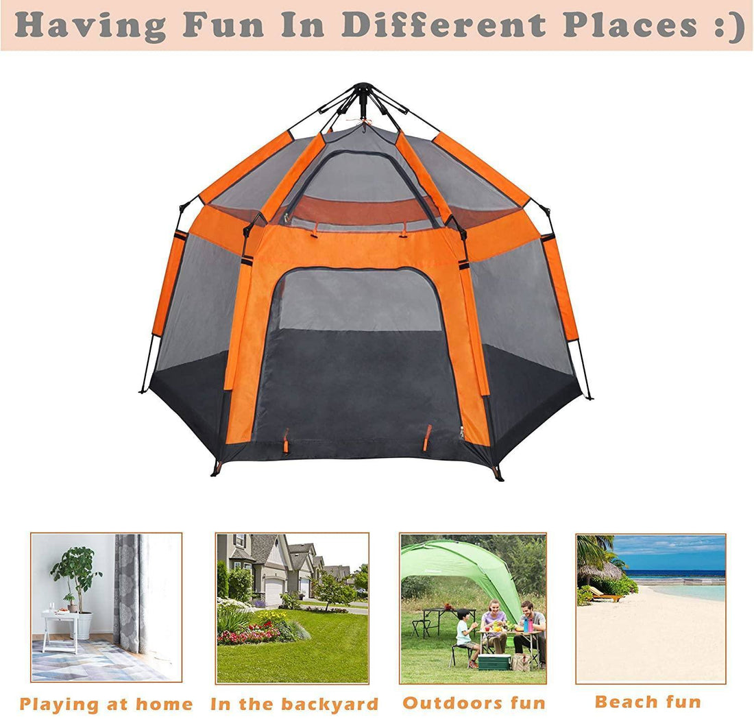 Kids Play Tent Pop Up Portable Hexagon Playhouse For Backyard Patio Indoor Outdoortent House Orange Oxford Fabric