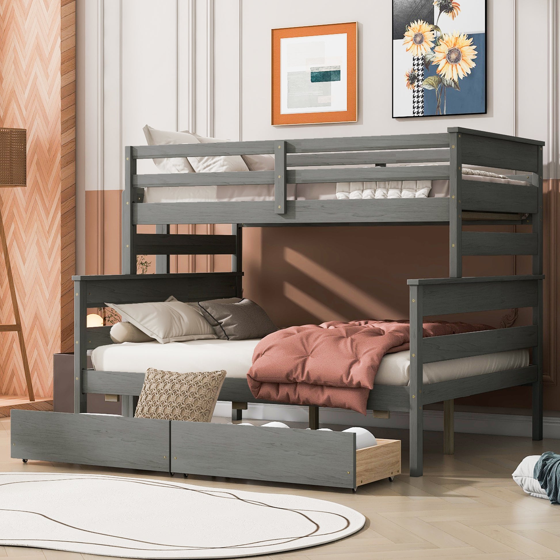 Wood Twin Over Full Bunk Bed With 2 Drawers, Gray Box Spring Not Required Gray Wood Bedroom Bunk Solid Wood Mdf