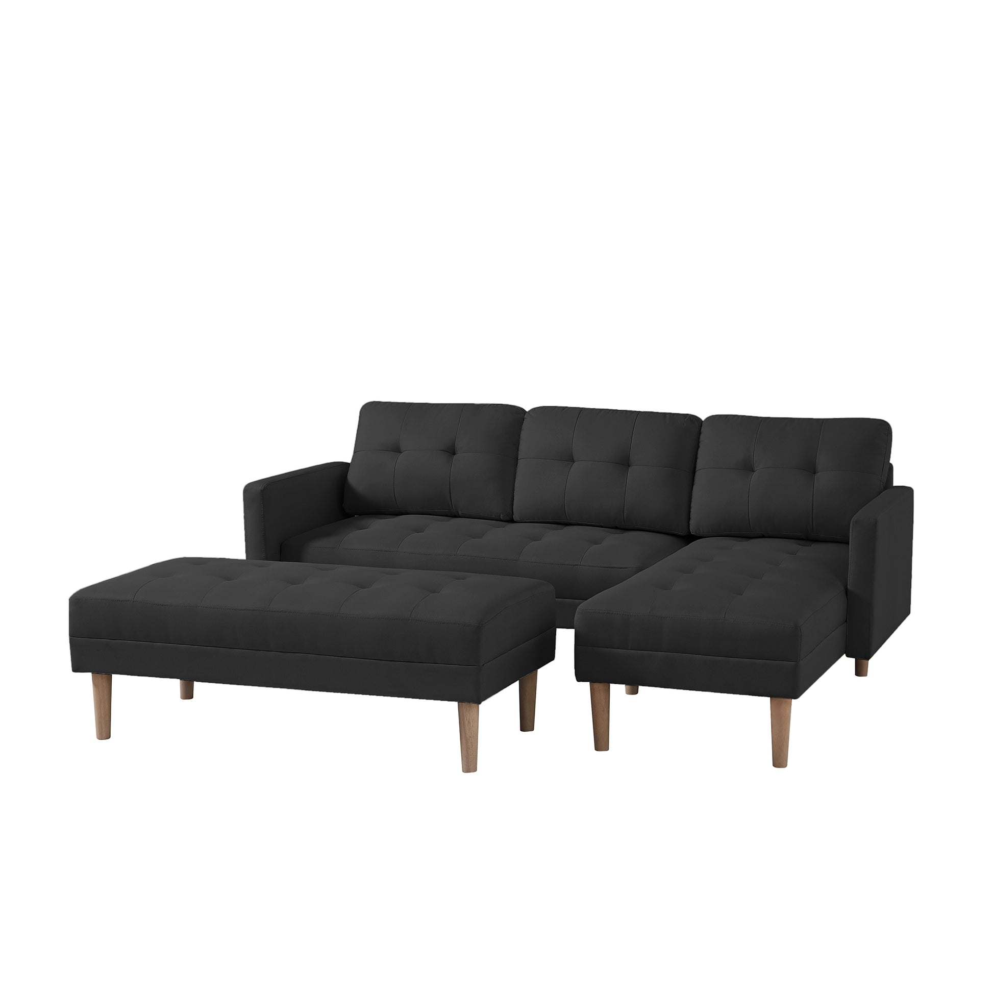 Black Fabric Right Facingsectional Sofa Bedl Shape Sofa Chaise Lounge With Ottoman Bench Black Wood Tufted Back Square Arms Foam Fabric 3 Seat