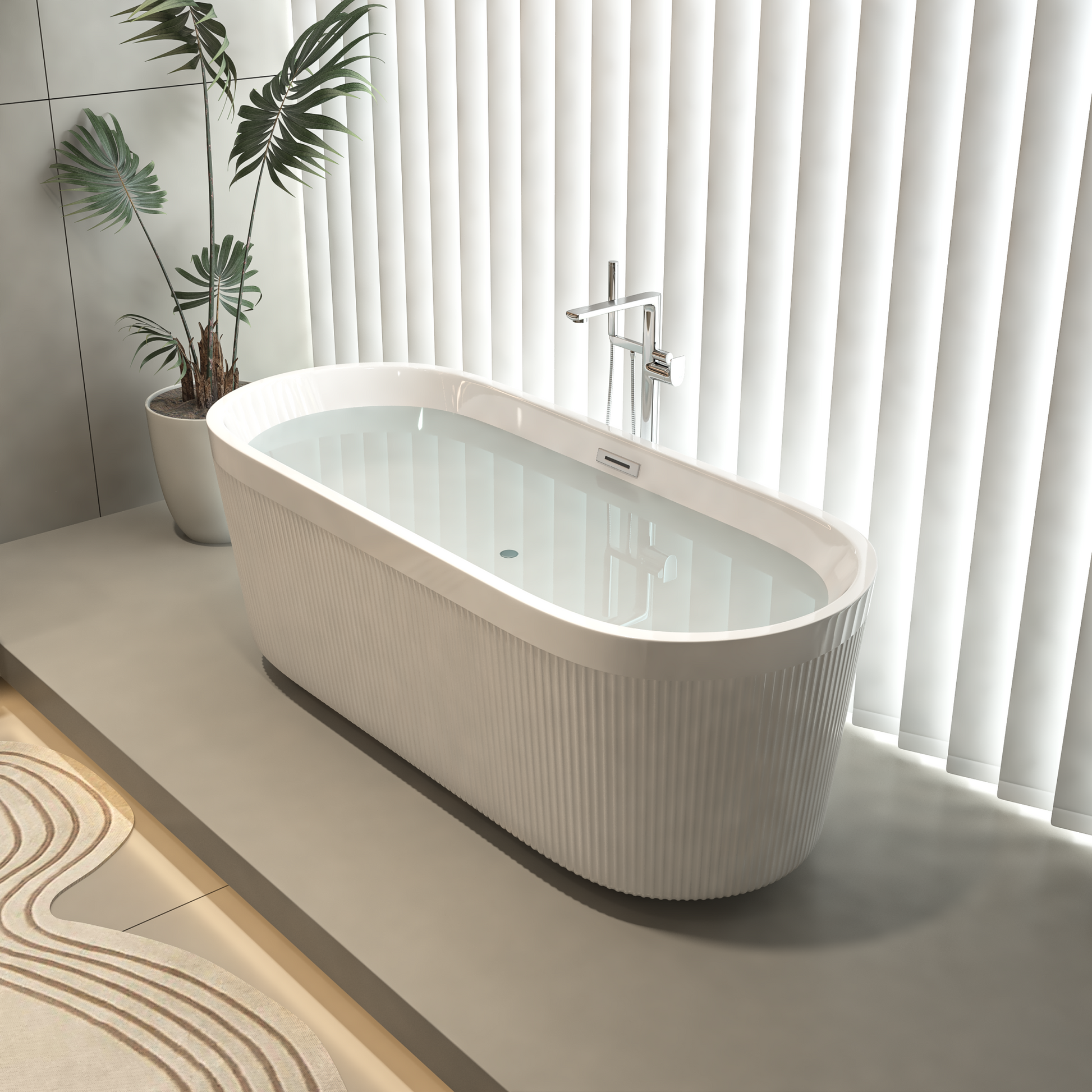 59" Acrylic Freestanding Bathtub With Unique Pleated Design: Spacious Oval Shape, Gloss White Finish, Brushed Nickel Overflow & Pop Up Drain Gloss White Oval Bathroom Freestanding Tubs Polished 59 61 In Contemporary Soaking Center Acrylic Acrylic