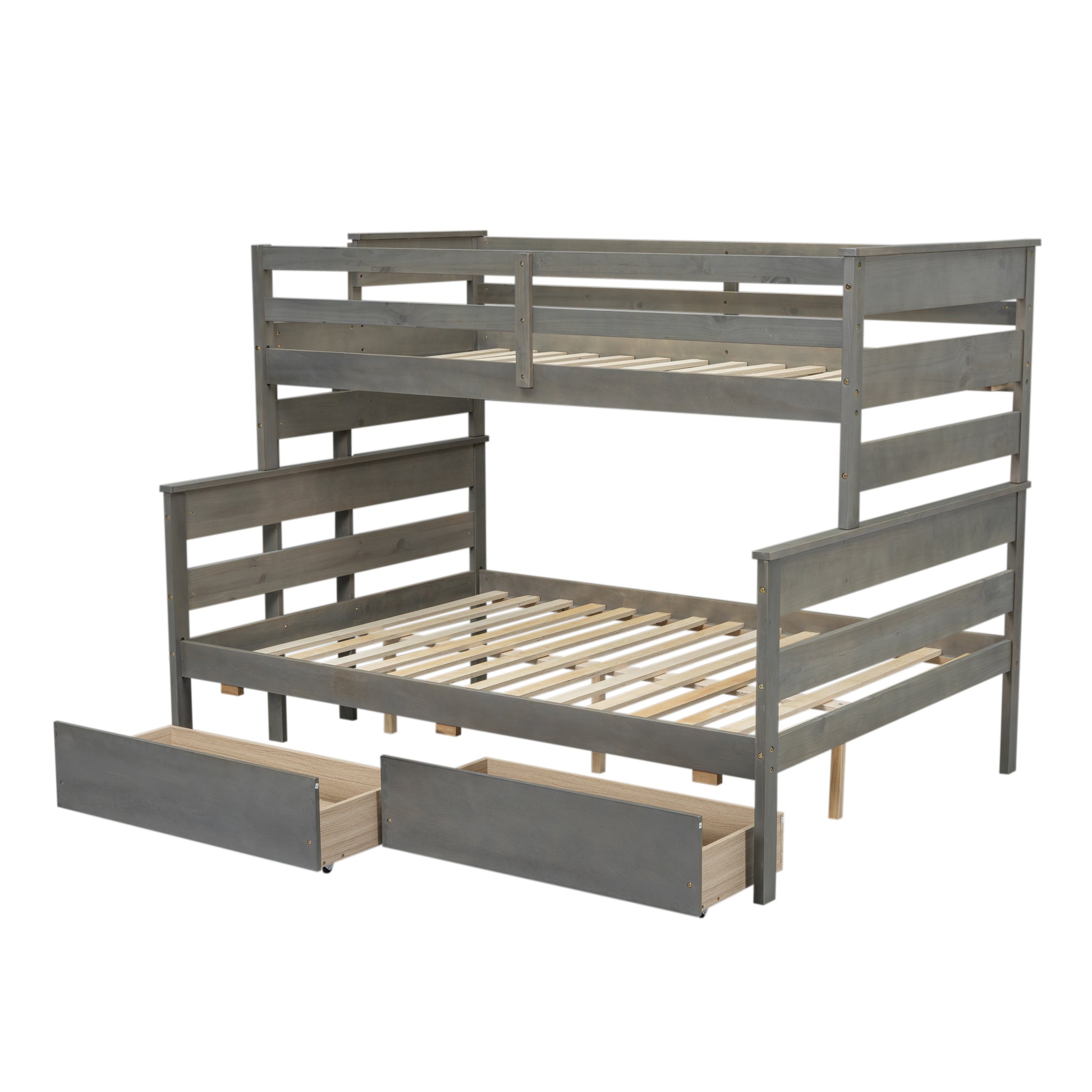 Wood Twin Over Full Bunk Bed With 2 Drawers, Gray Box Spring Not Required Gray Wood Bedroom Bunk Solid Wood Mdf