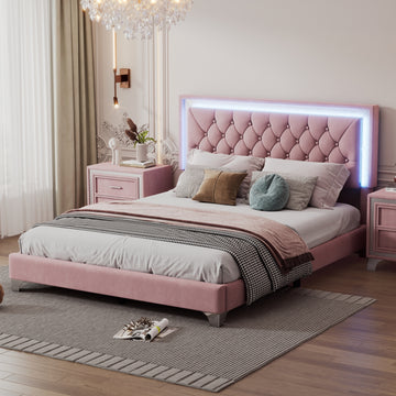 Queen Size Upholstered Bed Frame With Led Lights,Modern Velvet Platform Bed With Tufted Headboard,Pink Queen Pink Velvet