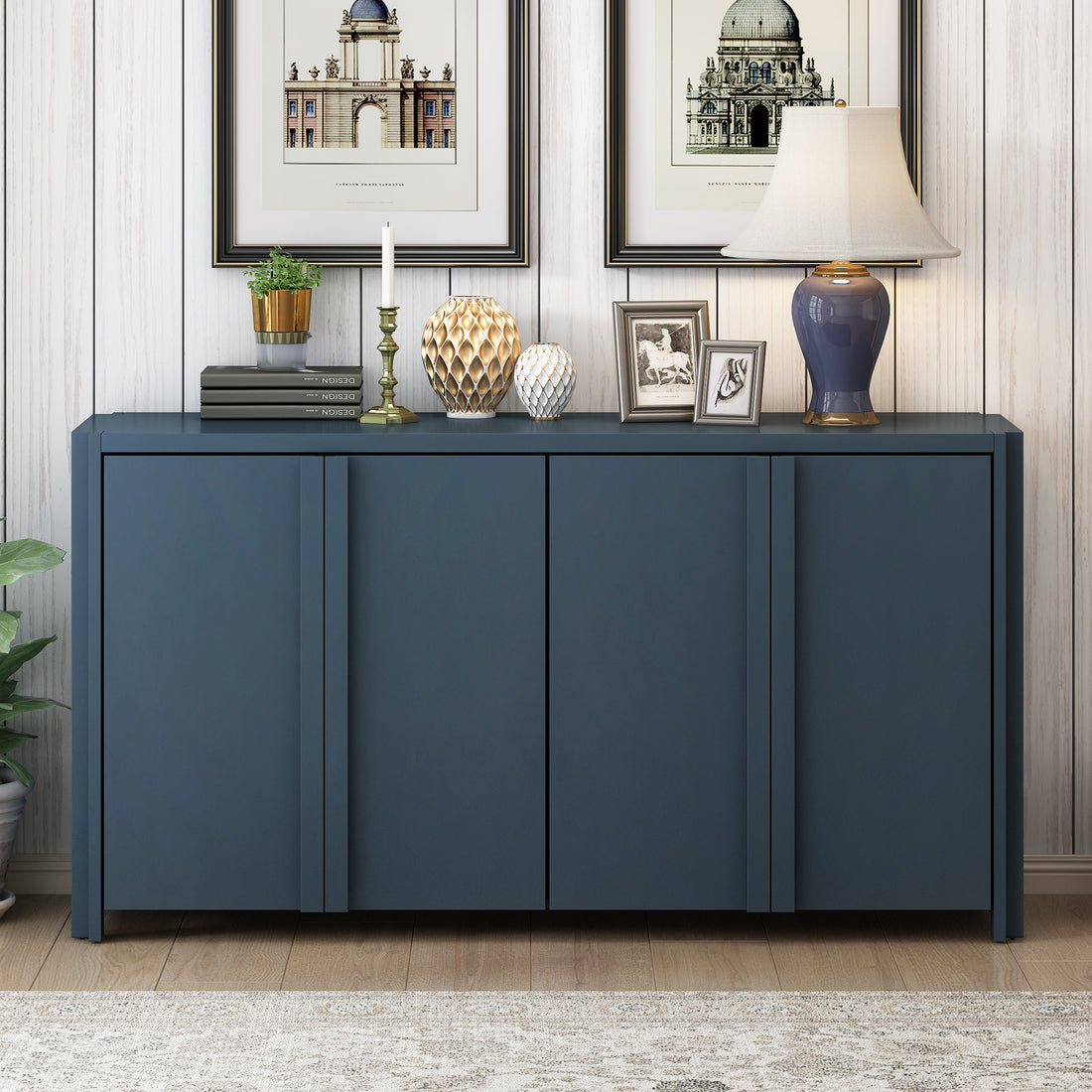 Designed Storage Cabinet Sideboard With 4 Doorsadjustable Shelves, Suitable For Living Rooms, Entrance And Study Rooms. Navy Blue Mdf Acacia