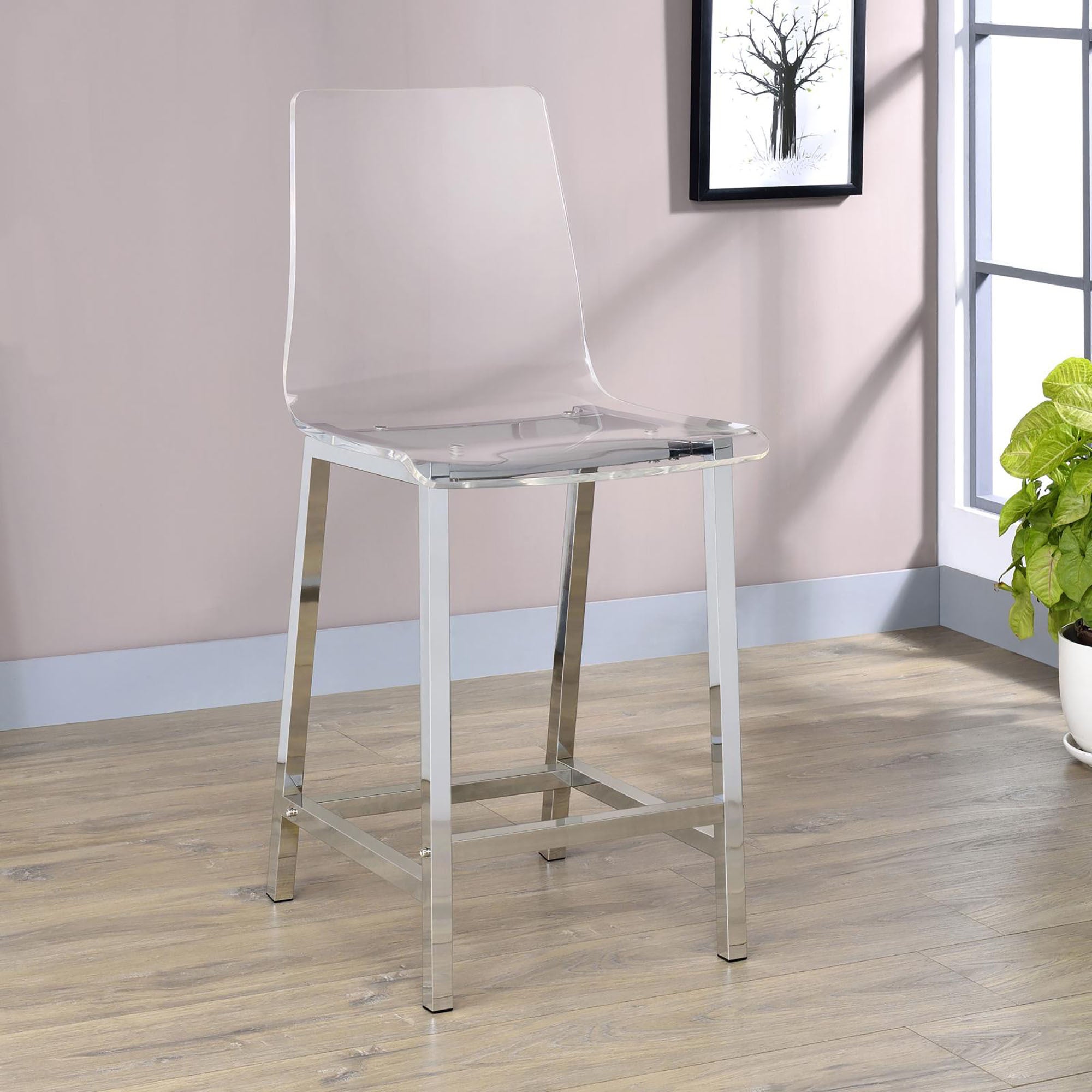 Clear And Chrome Counter Height Stools Set Of 2 Solid Clear Dining Room Wipe Clean Contemporary,Modern Bar Stools Solid Back Acrylic