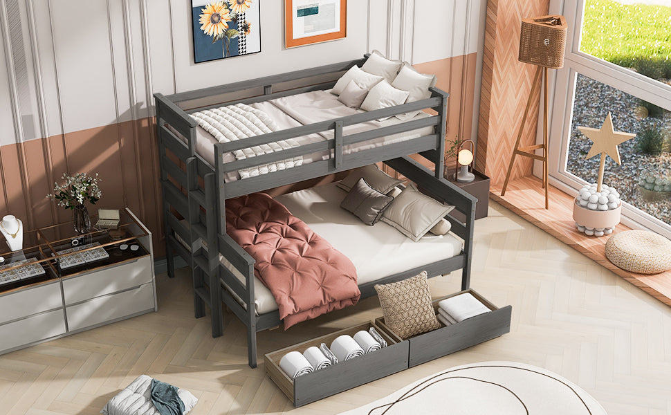 Wood Twin Over Full Bunk Bed With 2 Drawers, Gray Box Spring Not Required Gray Wood Bedroom Bunk Solid Wood Mdf