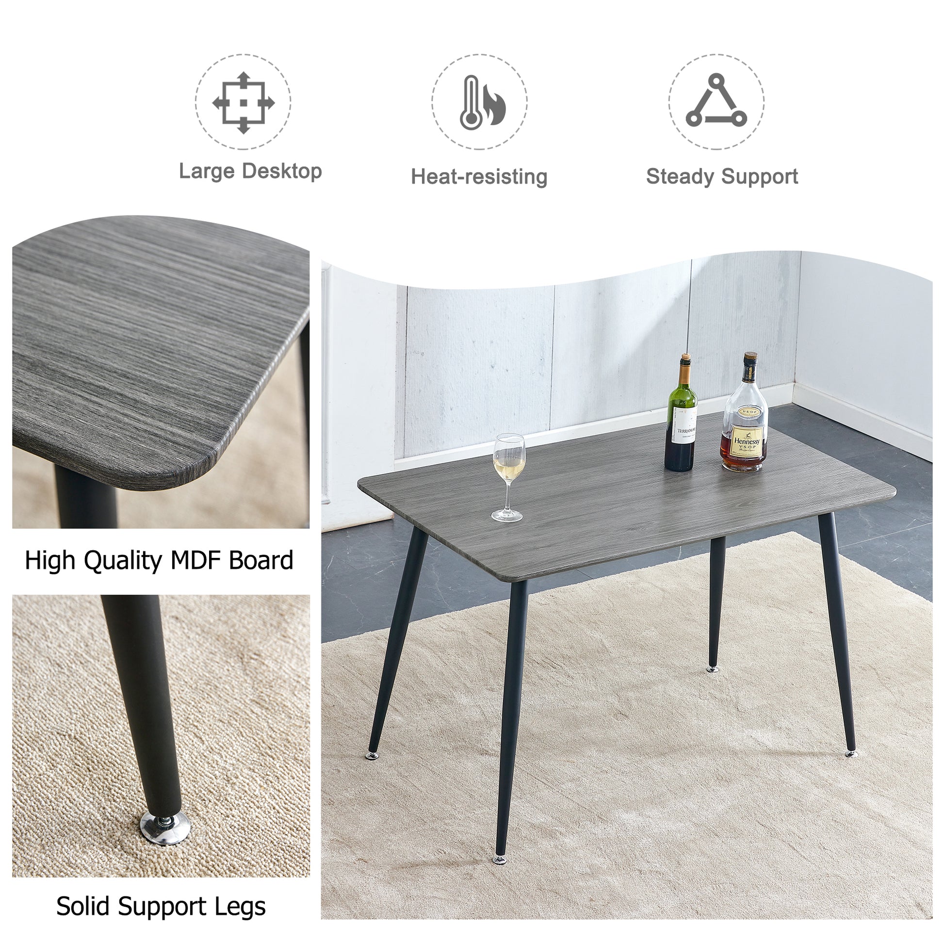 Industrial Style Rectangular Gray Wood Grain Table With Mdf Tabletop And Black Iron Legs, Suitable For Kitchens, Restaurants, And Living Rooms47.2"27.5"*29.5" 1226 Gray Mdf