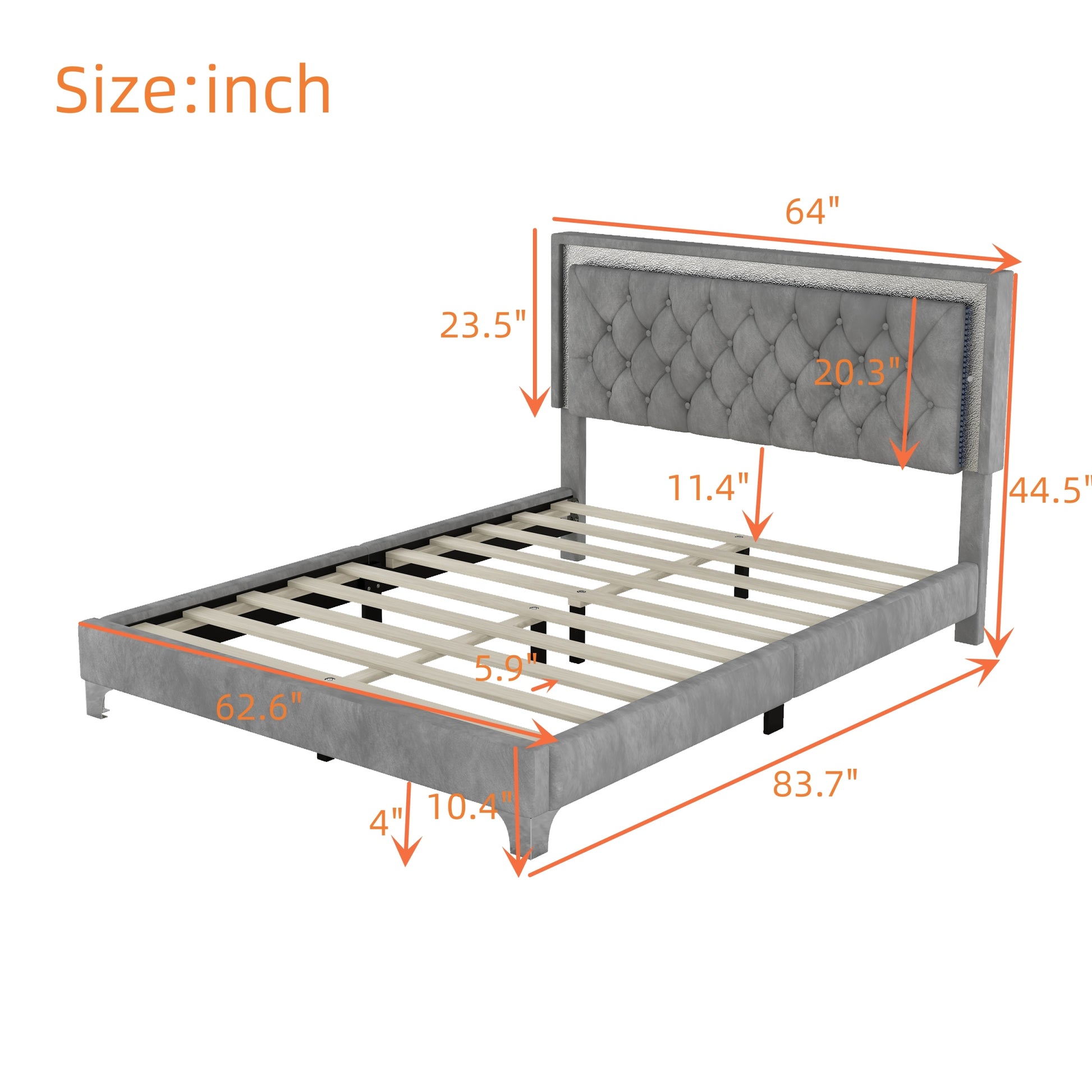 Queen Size Upholstered Bed Frame With Led Lights,Modern Velvet Platform Bed With Tufted Headboard,Gray Gray Velvet