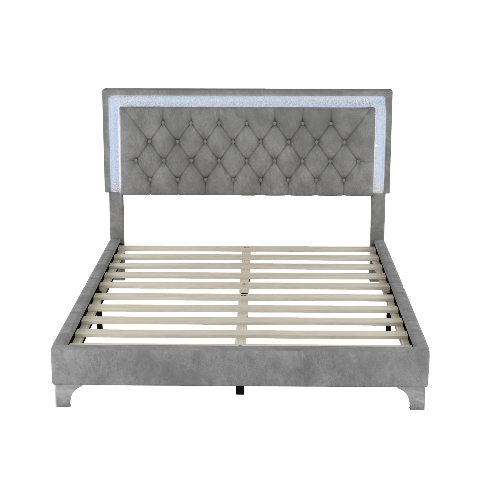 Queen Size Upholstered Bed Frame With Led Lights,Modern Velvet Platform Bed With Tufted Headboard,Gray Gray Velvet
