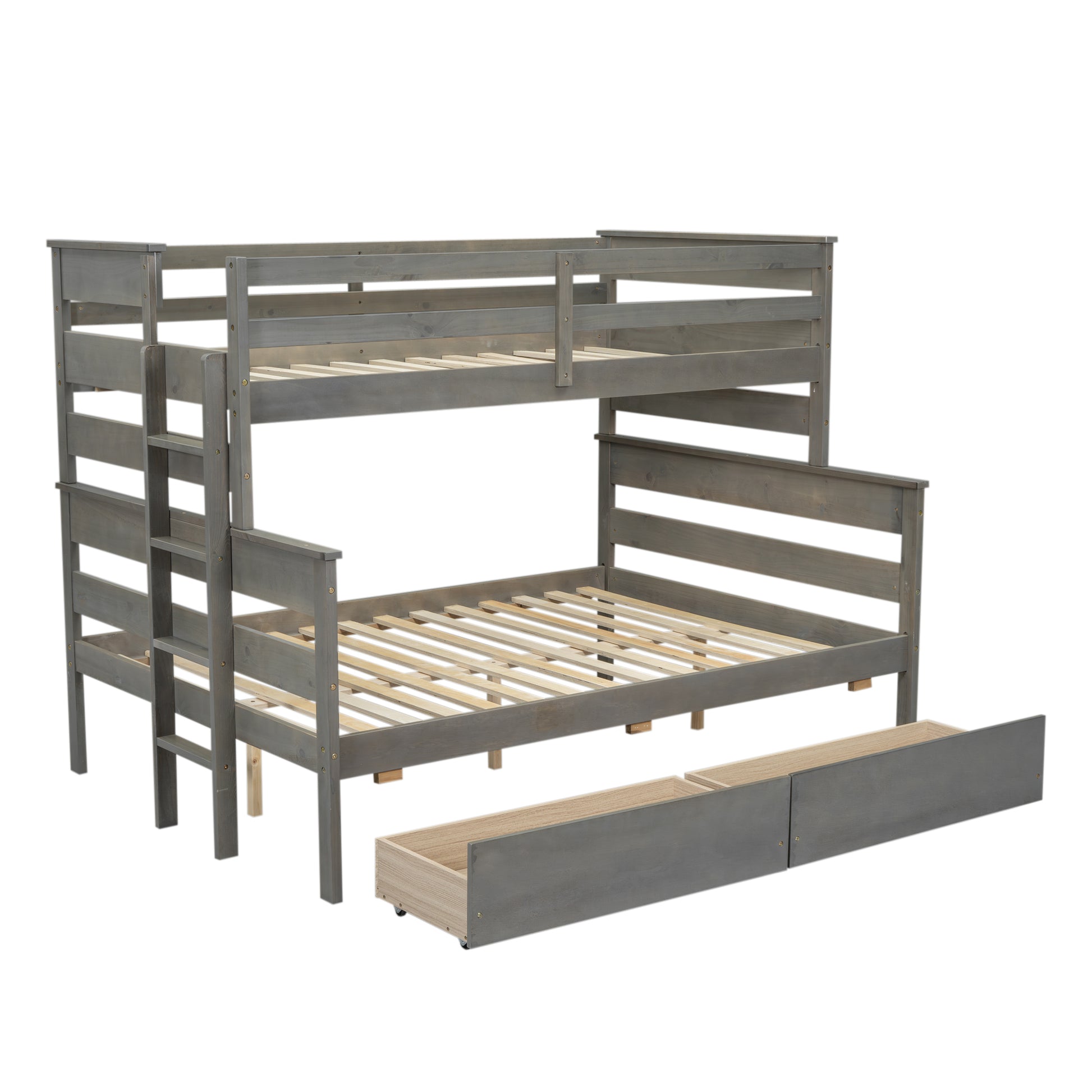 Wood Twin Over Full Bunk Bed With 2 Drawers, Gray Box Spring Not Required Gray Wood Bedroom Bunk Solid Wood Mdf