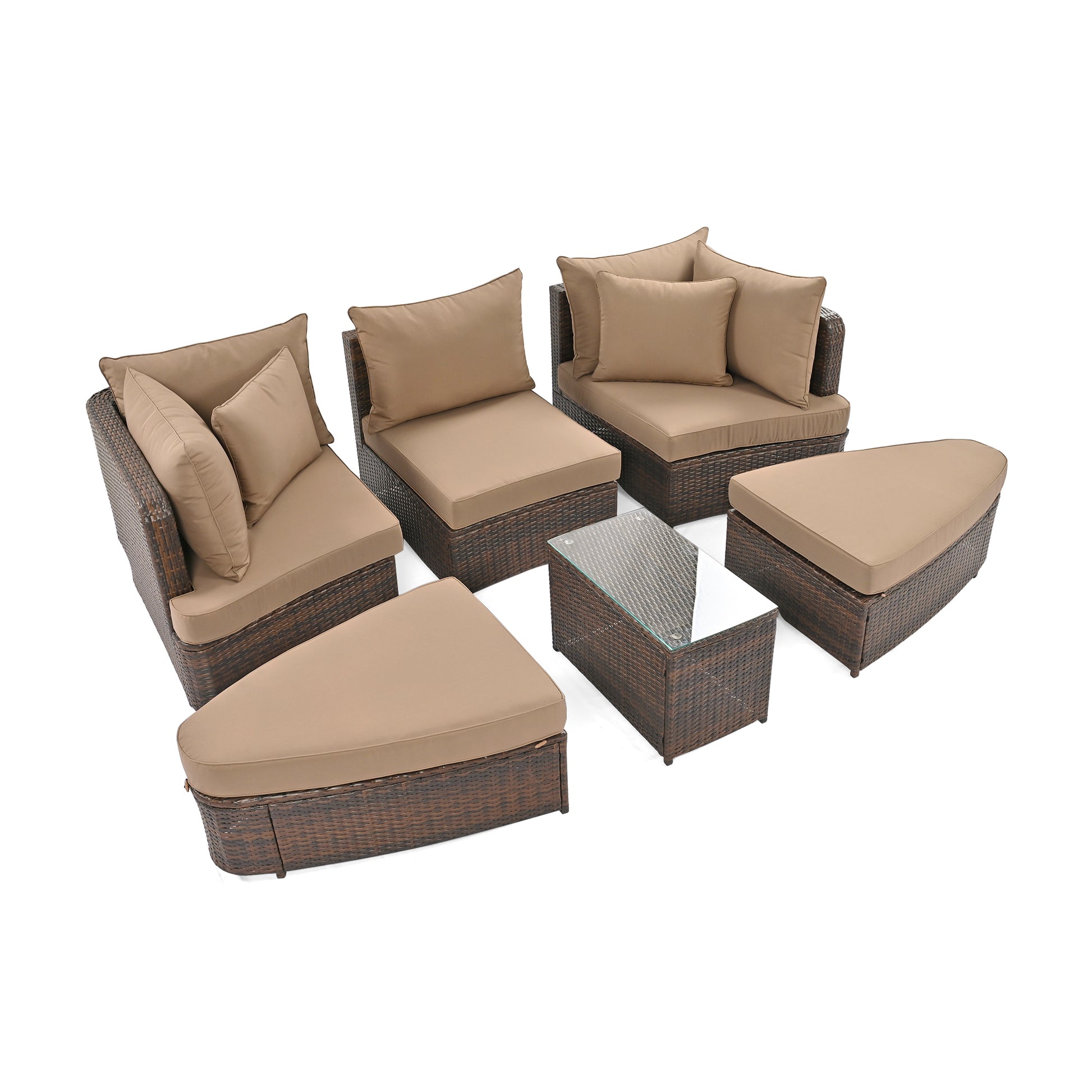 6 Piece Patio Outdoor Conversation Round Sofa Set, Pe Wicker Rattan Separate Seating Group With Coffee Table, Brown Yes Deep Seating Brown Weather Resistant Frame Water Resistant Cushion Garden & Outdoor Sofa Seating Groups Foam Rattan