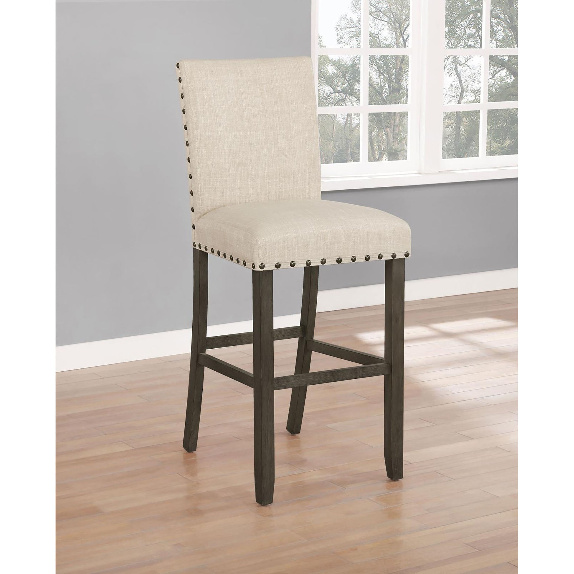 Beige Bar Stool With Trim Set Of 2 Solid Beige Brown Light Brown Dining Room Spot Clean Rectangular Transitional Bar Stools Rubberwood Solid Back Foam Upholstered