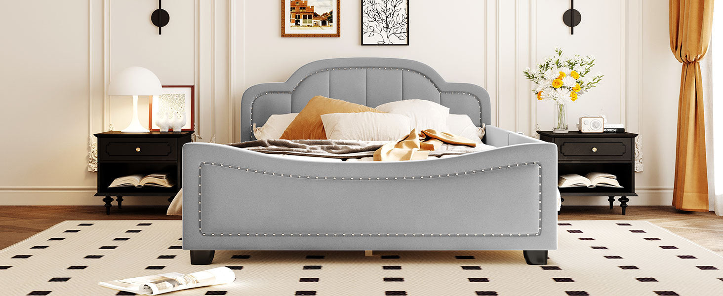 Full Size Upholstered Daybed With Cloud Shaped Headboard, Embedded Elegant Copper Nail Design, Gray Gray Velvet