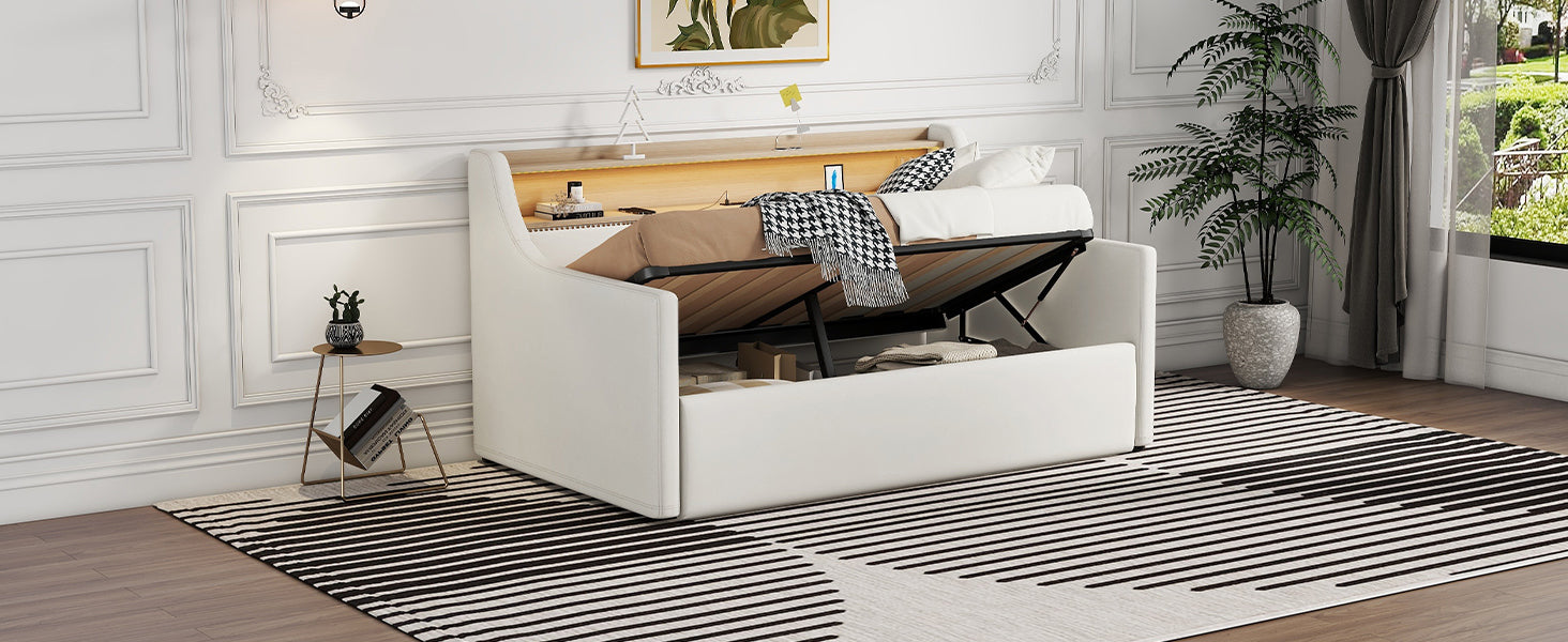 Twin Size Daybed With Hydraulic Storage, Upholstered Daybed With Lift Up Storage, Twin Leather Daybed With Charging Station And Led Lights,White Expect Arrival Date Feb.13Rd Twin White Pu Leather