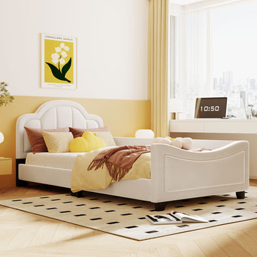 Twin Size Upholstered Daybed With Cloud Shaped Headboard, Embedded Elegant Copper Nail Design, Beige Beige Velvet