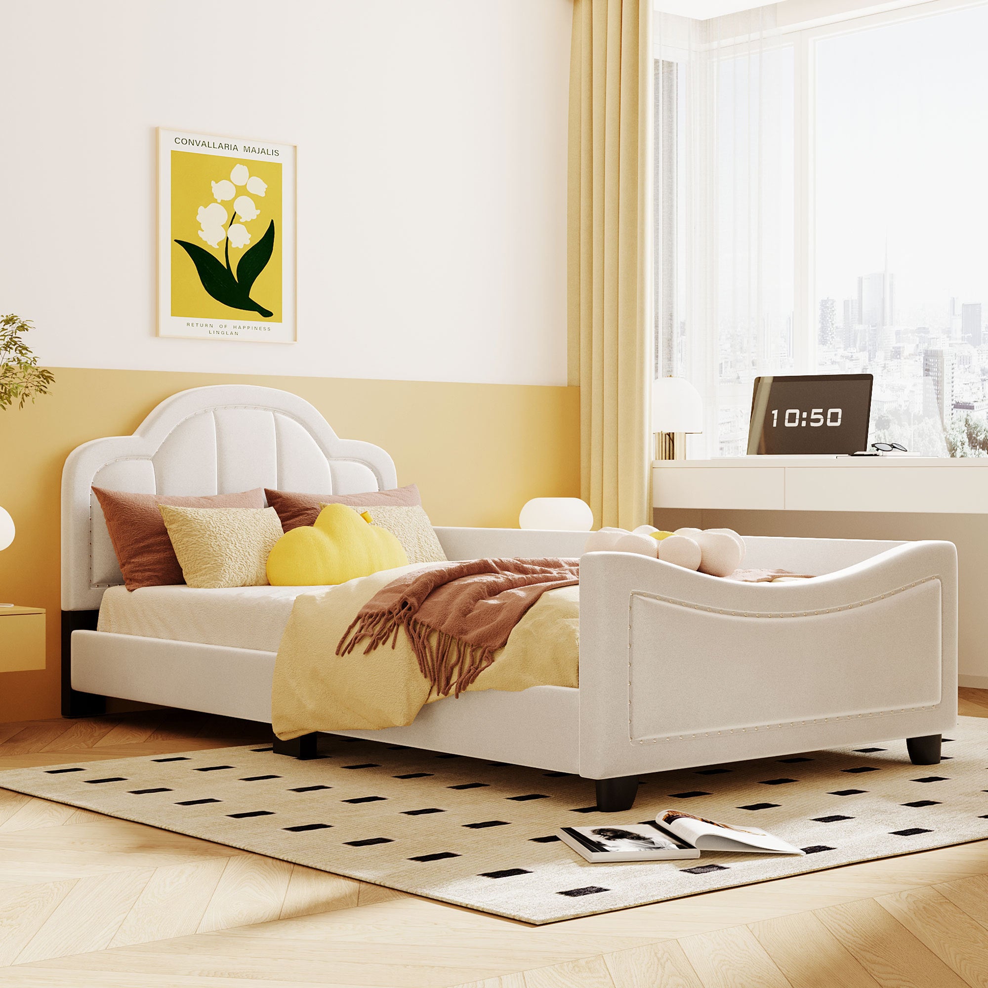 Twin Size Upholstered Daybed with Cloud Shaped beige-velvet