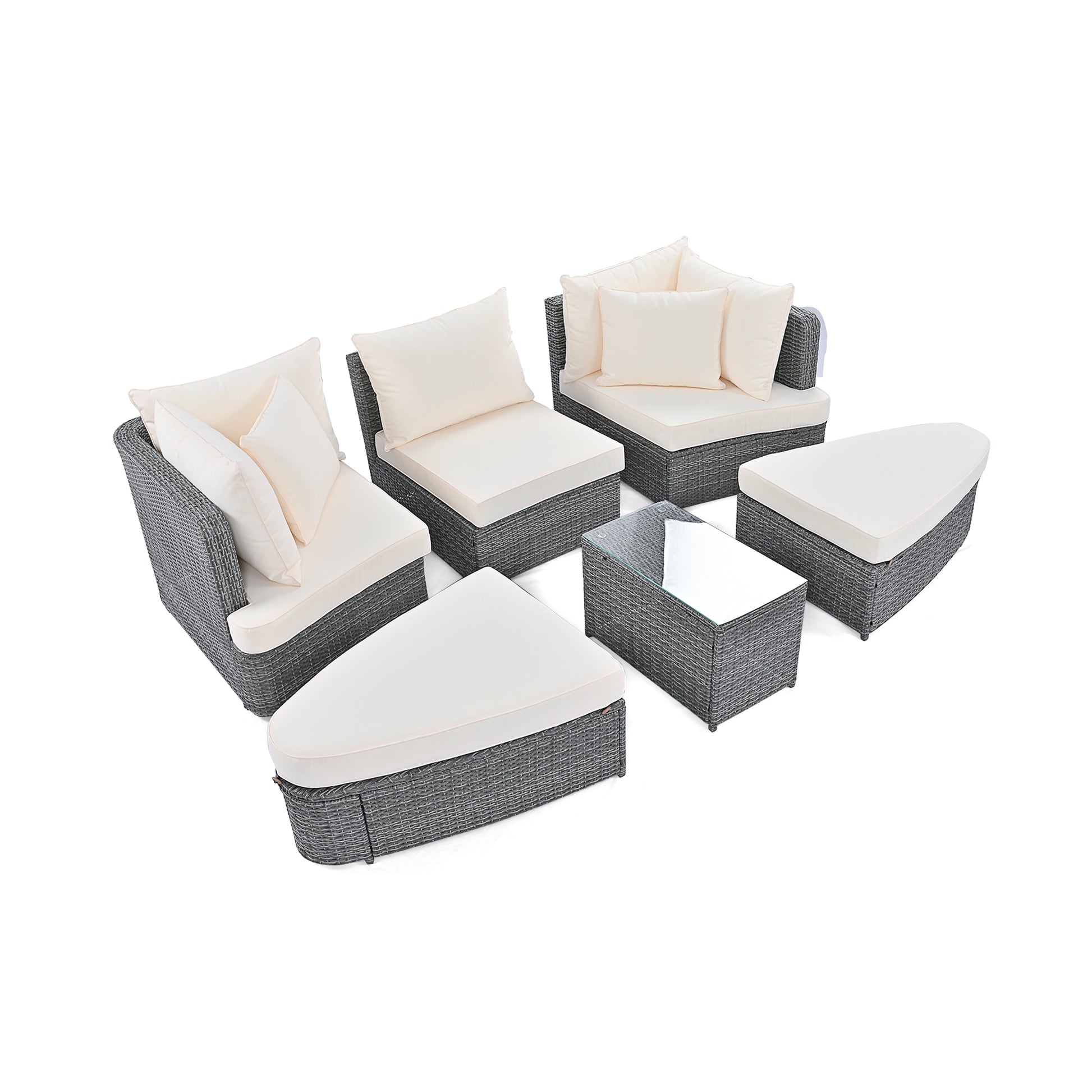 6 Piece Patio Outdoor Conversation Round Sofa Set, Pe Wicker Rattan Separate Seating Group With Coffee Table, Beige Yes Deep Seating Beige Weather Resistant Frame Water Resistant Cushion Garden & Outdoor Sofa Seating Groups Foam Rattan