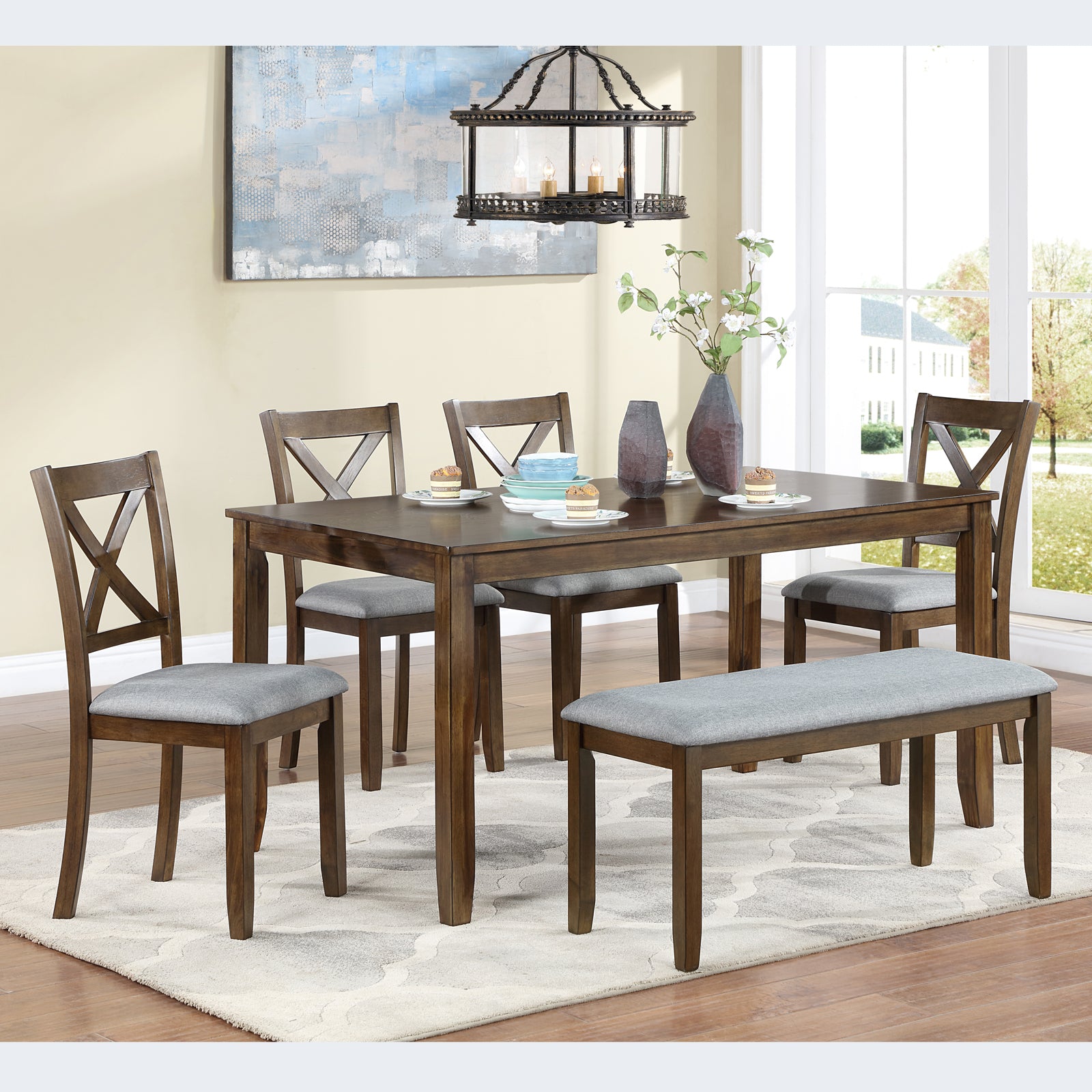 6 Piece Kitchen Dining Set, Rectangular Wooden Dining Table With 4 Upholstered Chairs And A Bench, Dining Table Set For 6 People, Living Room, Home Bar And Kitchen, Walnut Wood Walnut Seats 6 Wood Dining Room Acacia 4 Leg Rectangular Dining Table With