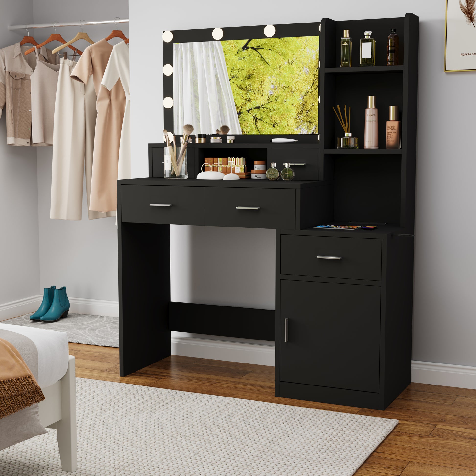 Newly Designed Smart Mirror Dressing Table With Drawers And Storage Cabinet, Dressing Table With Dressing Pad For Bedroom, Dressing Room Black Bedroom American Design,American Traditional,Classic,Coastal Mdf Glass