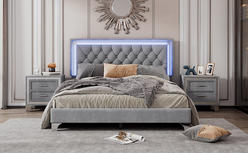Queen Size Upholstered Bed Frame With Led Lights,Modern Velvet Platform Bed With Tufted Headboard,Gray Gray Velvet