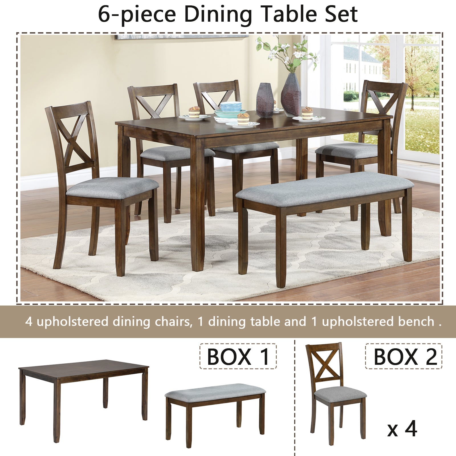 6 Piece Kitchen Dining Set, Rectangular Wooden Dining Table With 4 Upholstered Chairs And A Bench, Dining Table Set For 6 People, Living Room, Home Bar And Kitchen, Walnut Wood Walnut Seats 6 Wood Dining Room Acacia 4 Leg Rectangular Dining Table With