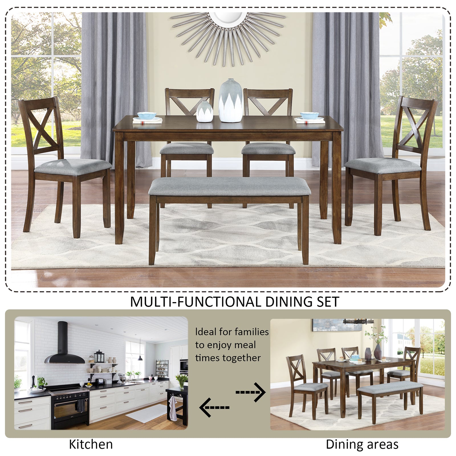 6 Piece Kitchen Dining Set, Rectangular Wooden Dining Table With 4 Upholstered Chairs And A Bench, Dining Table Set For 6 People, Living Room, Home Bar And Kitchen, Walnut Wood Walnut Seats 6 Wood Dining Room Acacia 4 Leg Rectangular Dining Table With