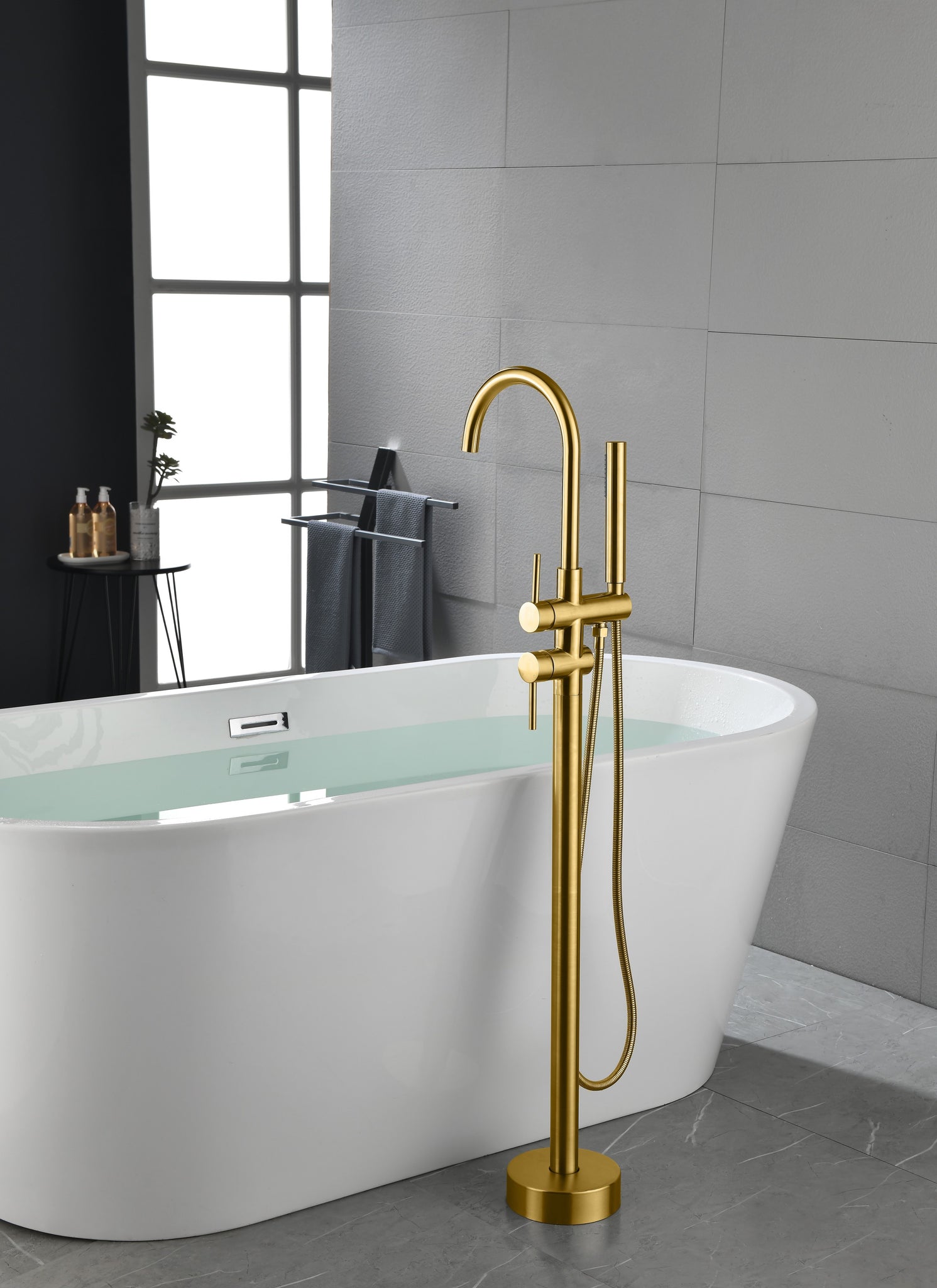 Floor Mount Bathtub Faucet Freestanding Tub Filler gold-stainless steel