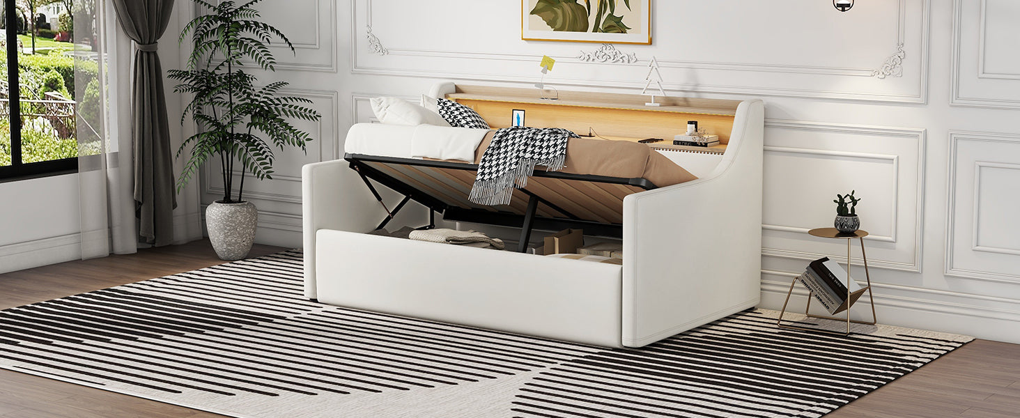 Twin Size Daybed With Hydraulic Storage, Upholstered Daybed With Lift Up Storage, Twin Leather Daybed With Charging Station And Led Lights,White Expect Arrival Date Feb.13Rd Twin White Pu Leather