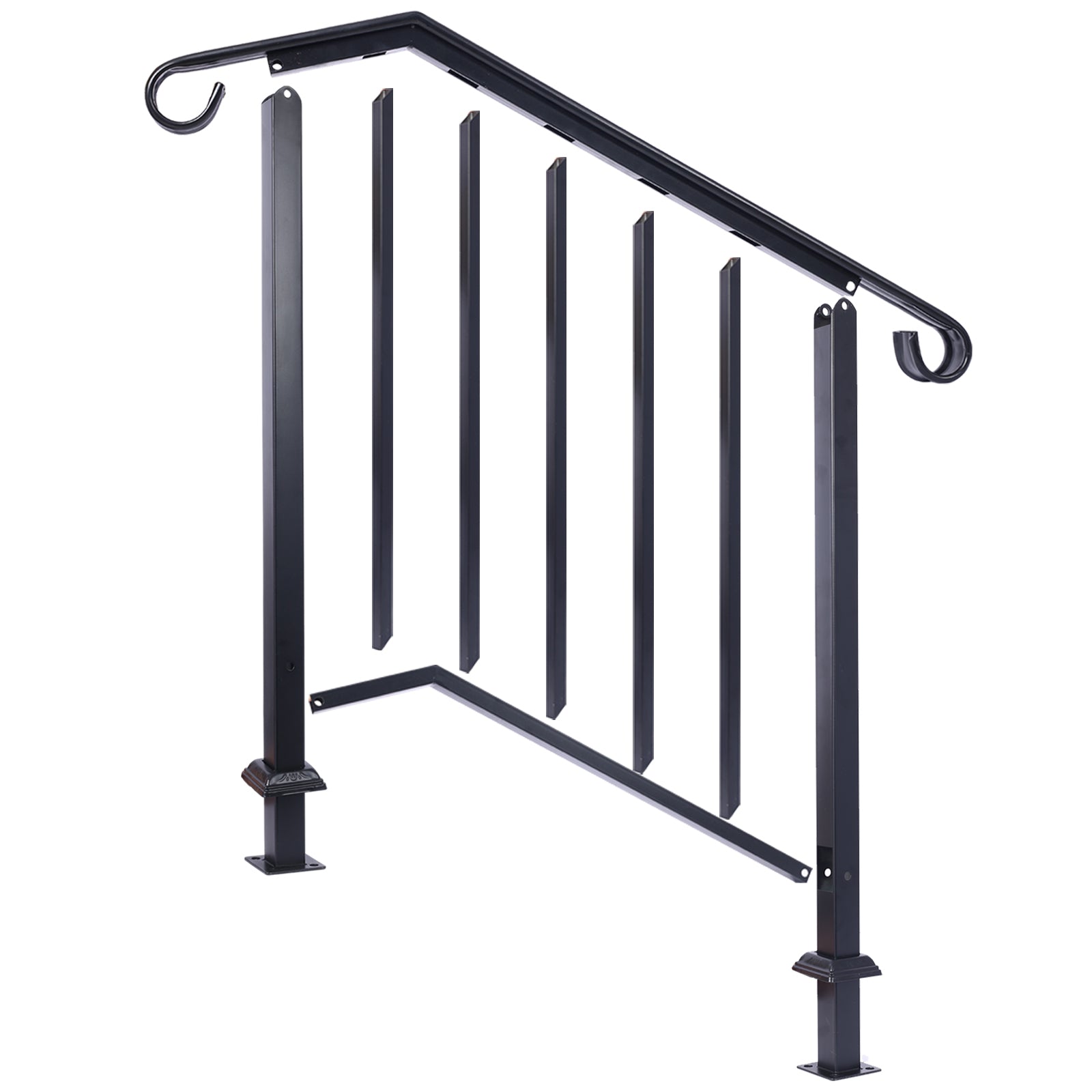 Handrails For Outdoor Steps, Fit 2 Or 3 Steps Outdoor Stair Railing, Picket#2 Wrought Iron Handrail, Flexible Porch Railing, Black Transitional Handrails For Concrete Steps Or Wooden Stairs Black Steel