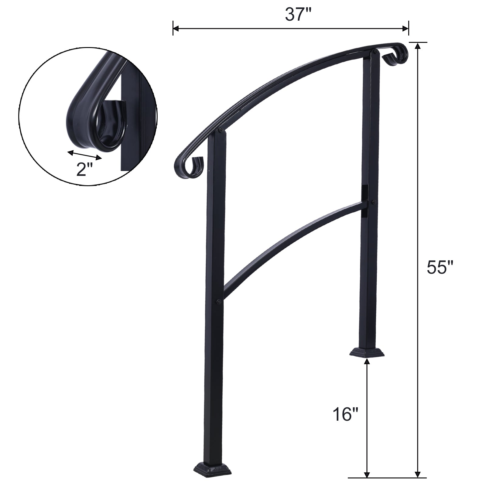 Handrails For Outdoor Steps, Fit 1 Or 3 Steps Outdoor Stair Railing, White Wrought Iron Handrail, Flexible Front Porch Hand Rail, Transitional Handrails For Concrete Steps Or Wooden Stairs Black Steel