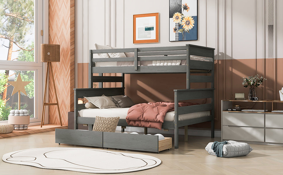 Wood Twin Over Full Bunk Bed With 2 Drawers, Gray Box Spring Not Required Gray Wood Bedroom Bunk Solid Wood Mdf