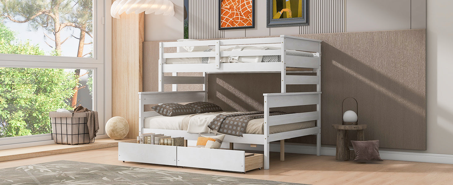 Wood Twin Over Full Bunk Bed With 2 Drawers, White Box Spring Not Required White Wood Bedroom Bunk Solid Wood Mdf