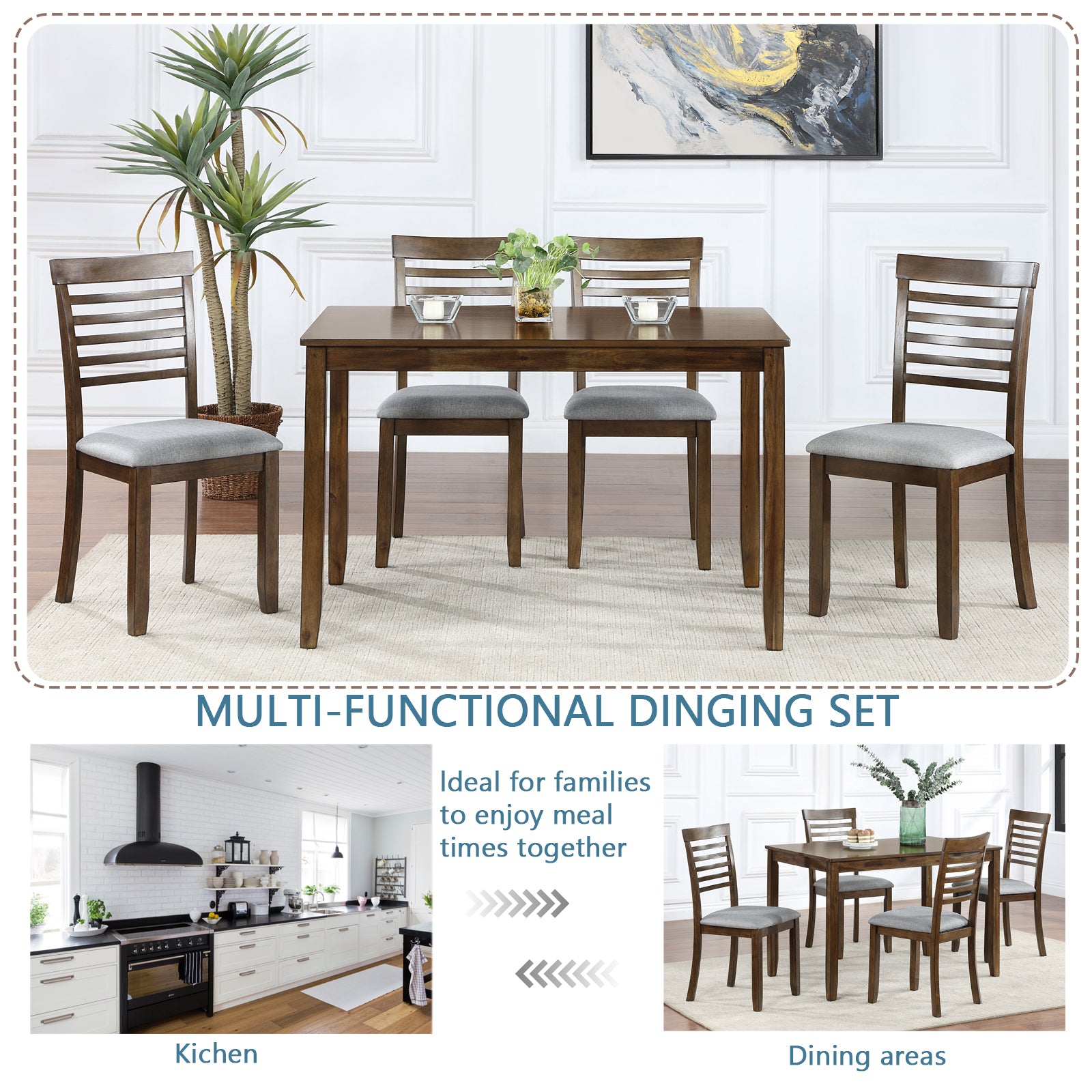 5 Piece Modern Dining Set, Rectangular Wooden Dining Table With 4 Upholstered Chairs For Kitchen, Dining Room, Walnut Wood Walnut Seats 4 Wood Dining Room Acacia 4 Leg Rectangular Dining Table With Chair Acacia Wood