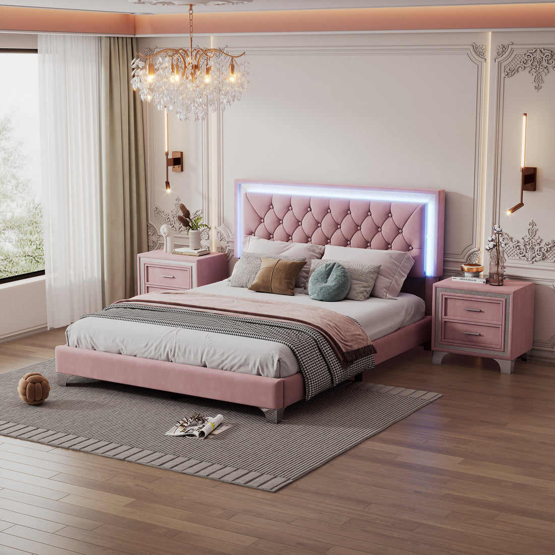 3 Pieces Bedroom Sets,Queen Size Upholstered Platform Bed With Led Lights And Two Nightstands Pink Queen Pink 3 Piece Set Velvet