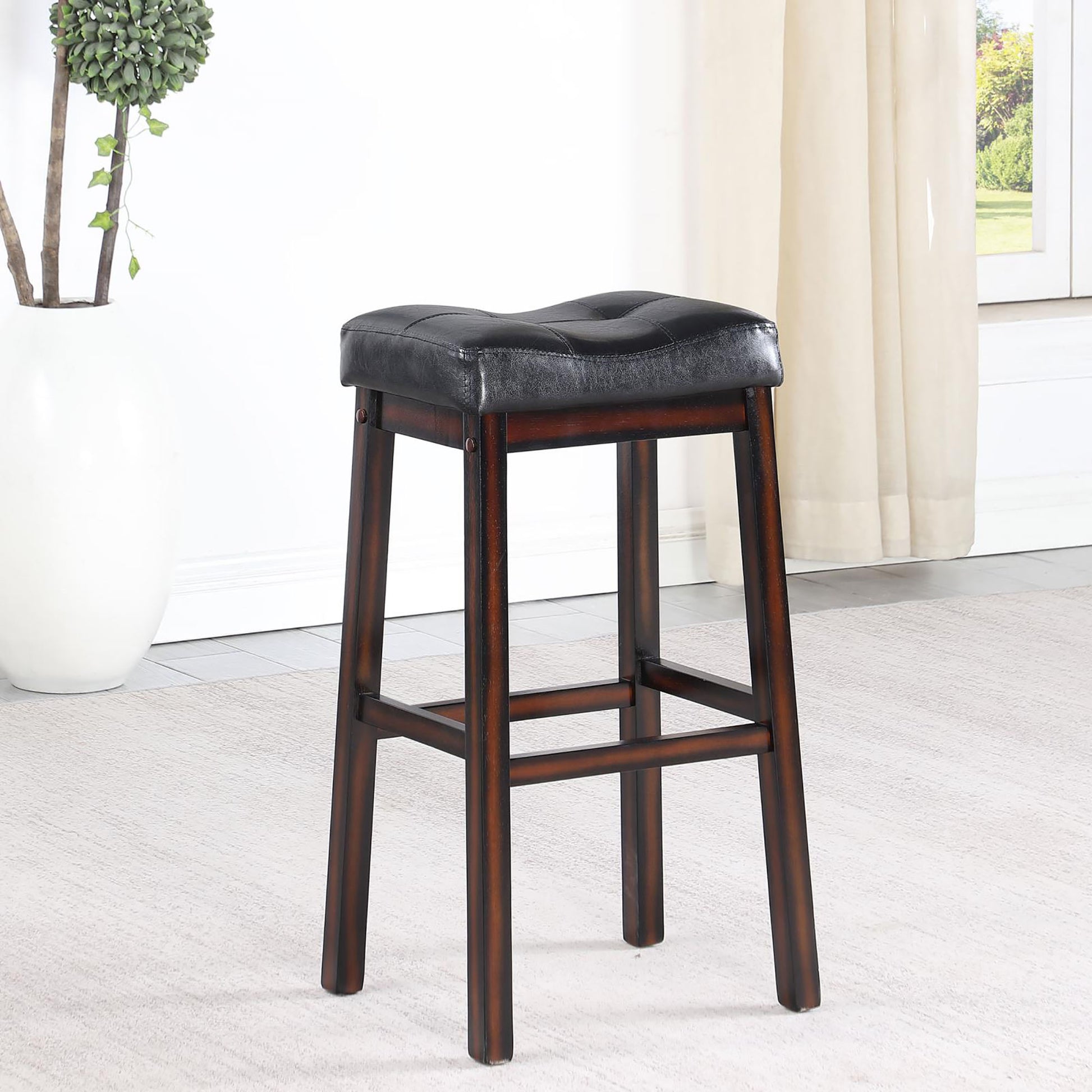 Black And Cappuccino Upholestered Bar Stool Set Of 2 Solid Black Brown Dining Room Spot Clean Rectangular Transitional Bar Stools Rubberwood Foam Faux Leather