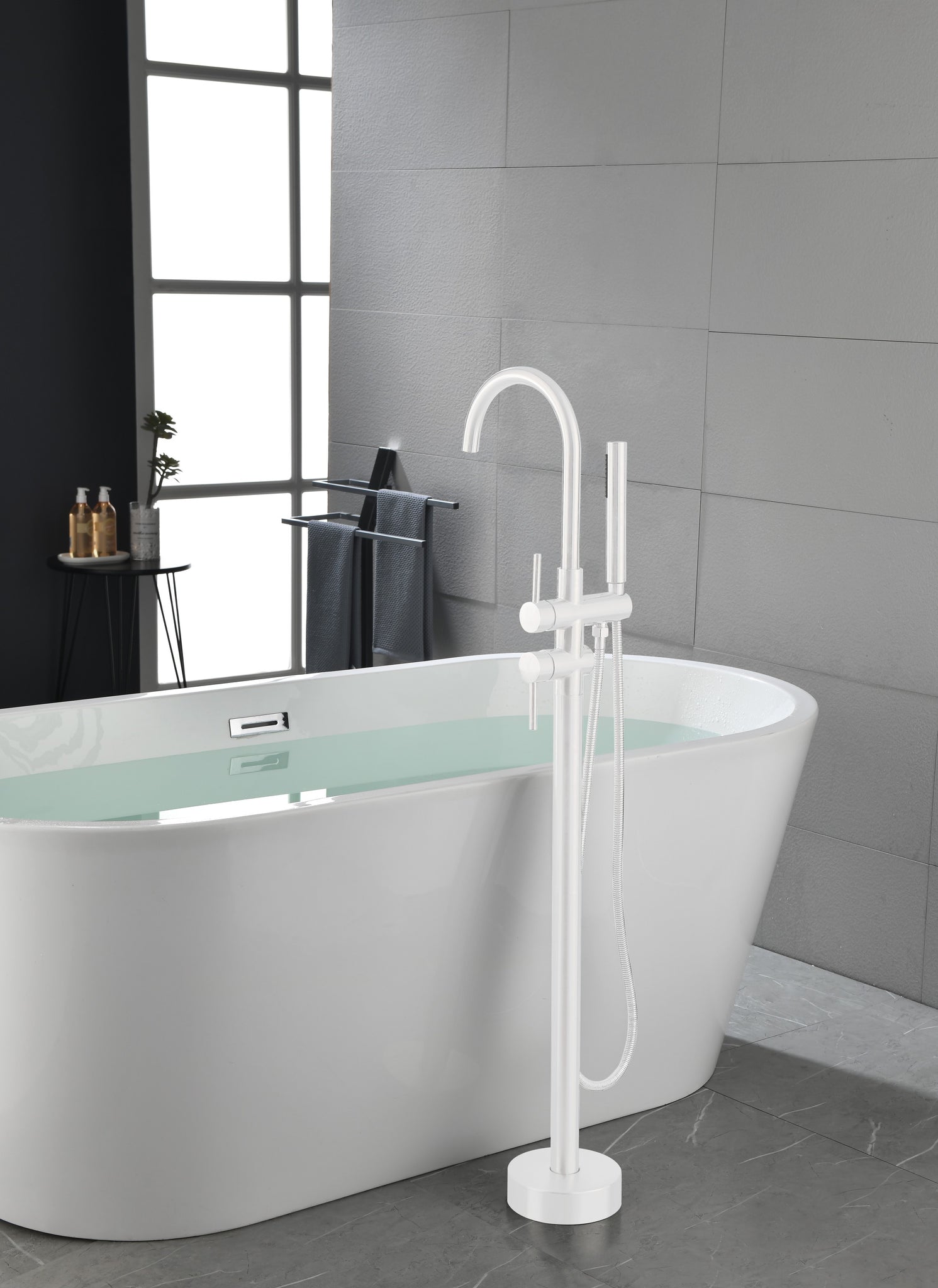 Floor Mount Bathtub Faucet Freestanding Tub Filler white-stainless steel