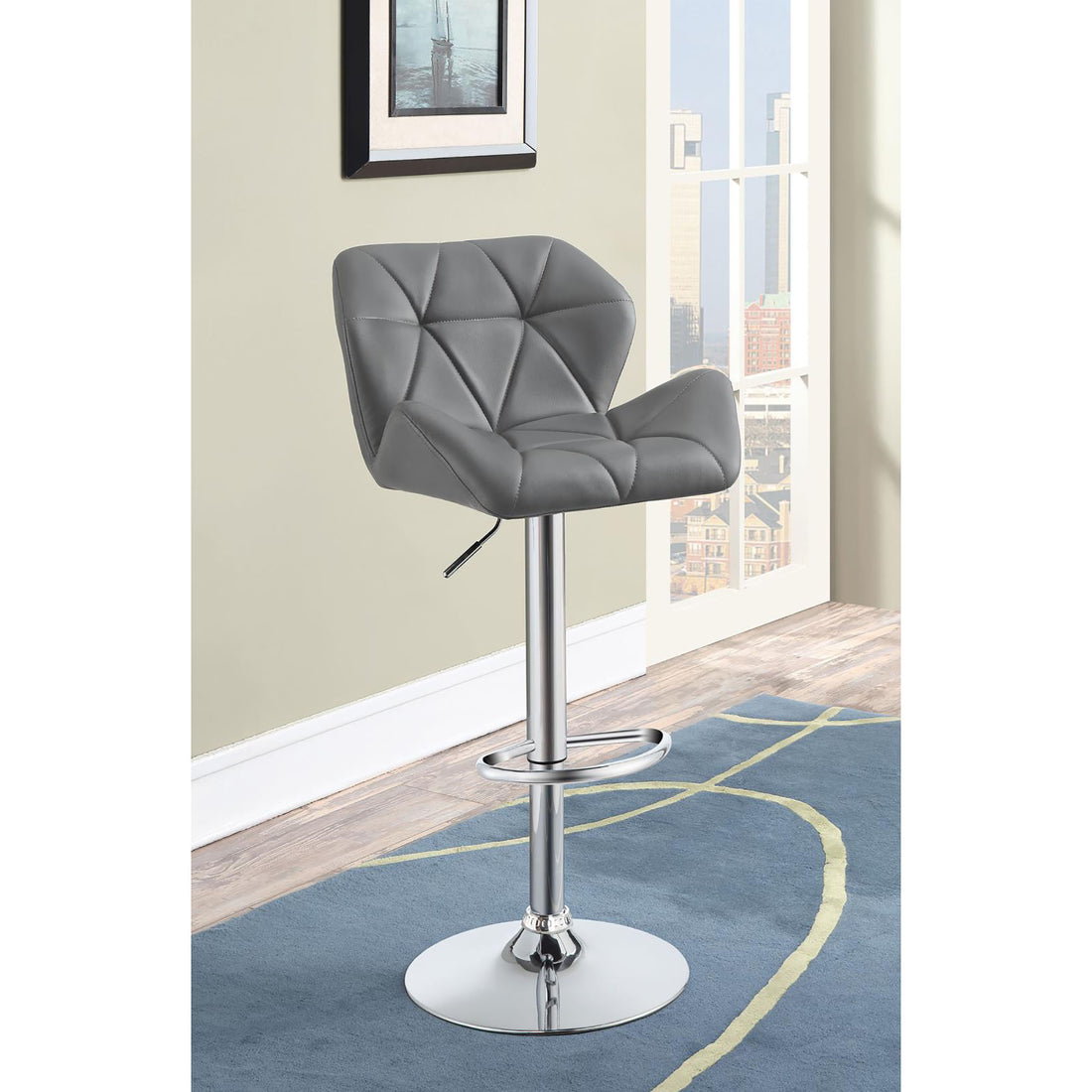 Chrome And Grey Adjustable Bar Stool Set Of 2 Solid Grey Dining Room Spot Clean Contemporary,Modern Bar Stools Tufted Back Foam Upholstered