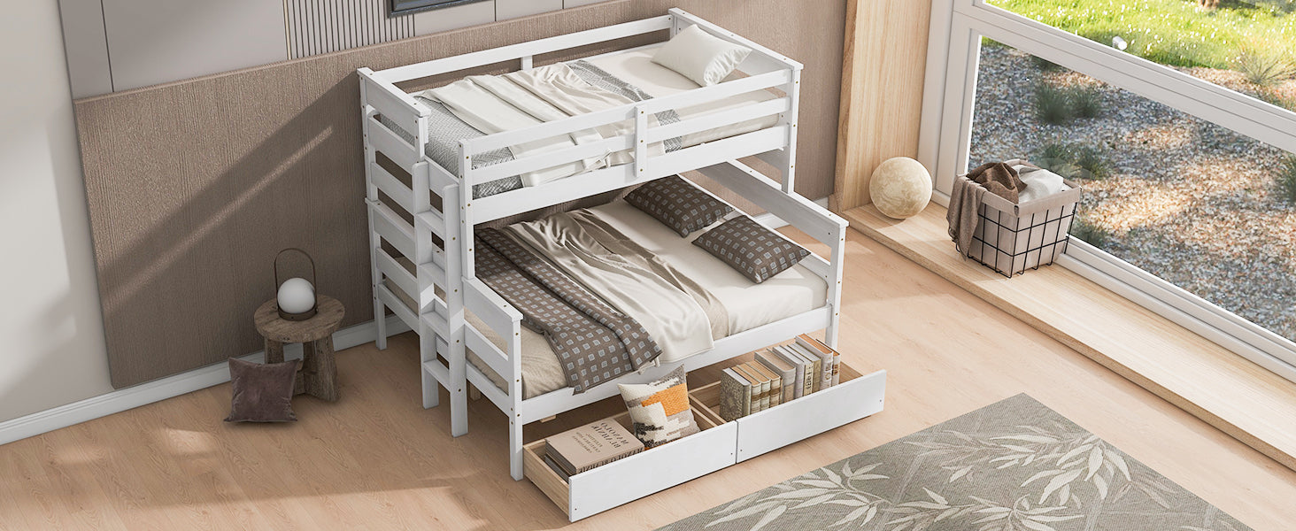Wood Twin Over Full Bunk Bed With 2 Drawers, White Box Spring Not Required White Wood Bedroom Bunk Solid Wood Mdf